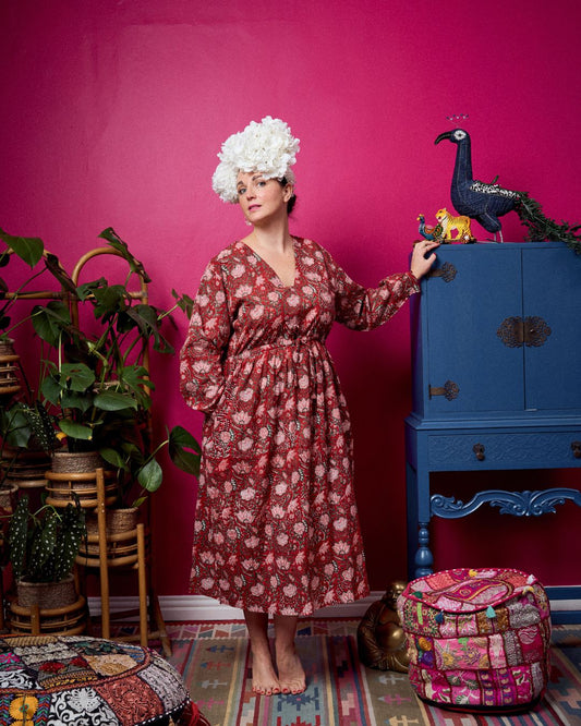 Dani Drawstring Dress - Deep Red & Pink Floral
