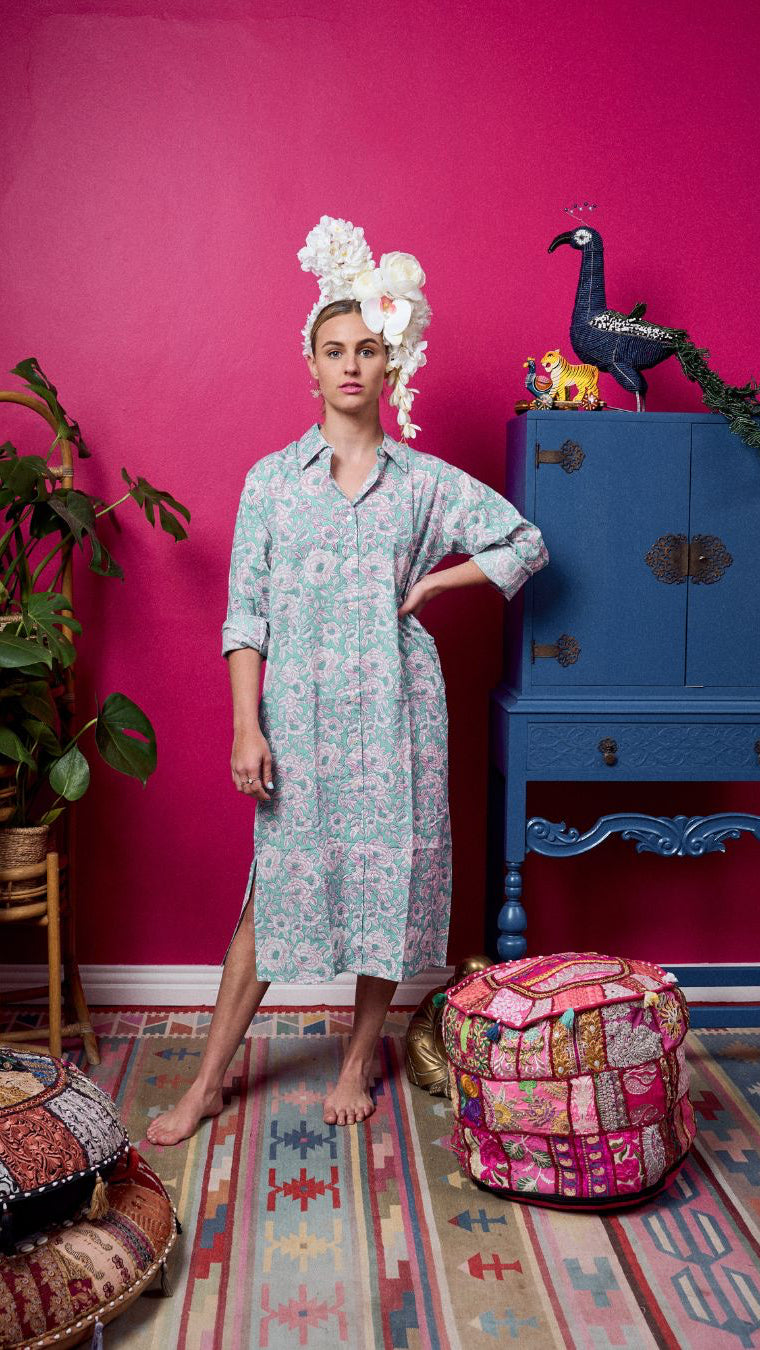Boyfriend Shirt Dress -Turquoise with White & Mauve Bloom