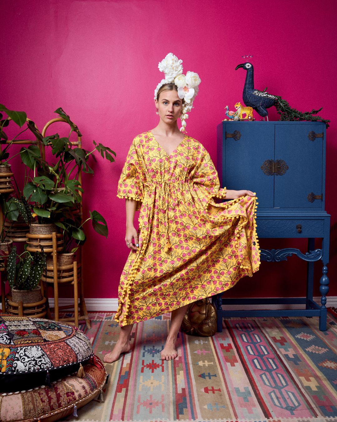 Long Kaftan - Yellow Floral Print