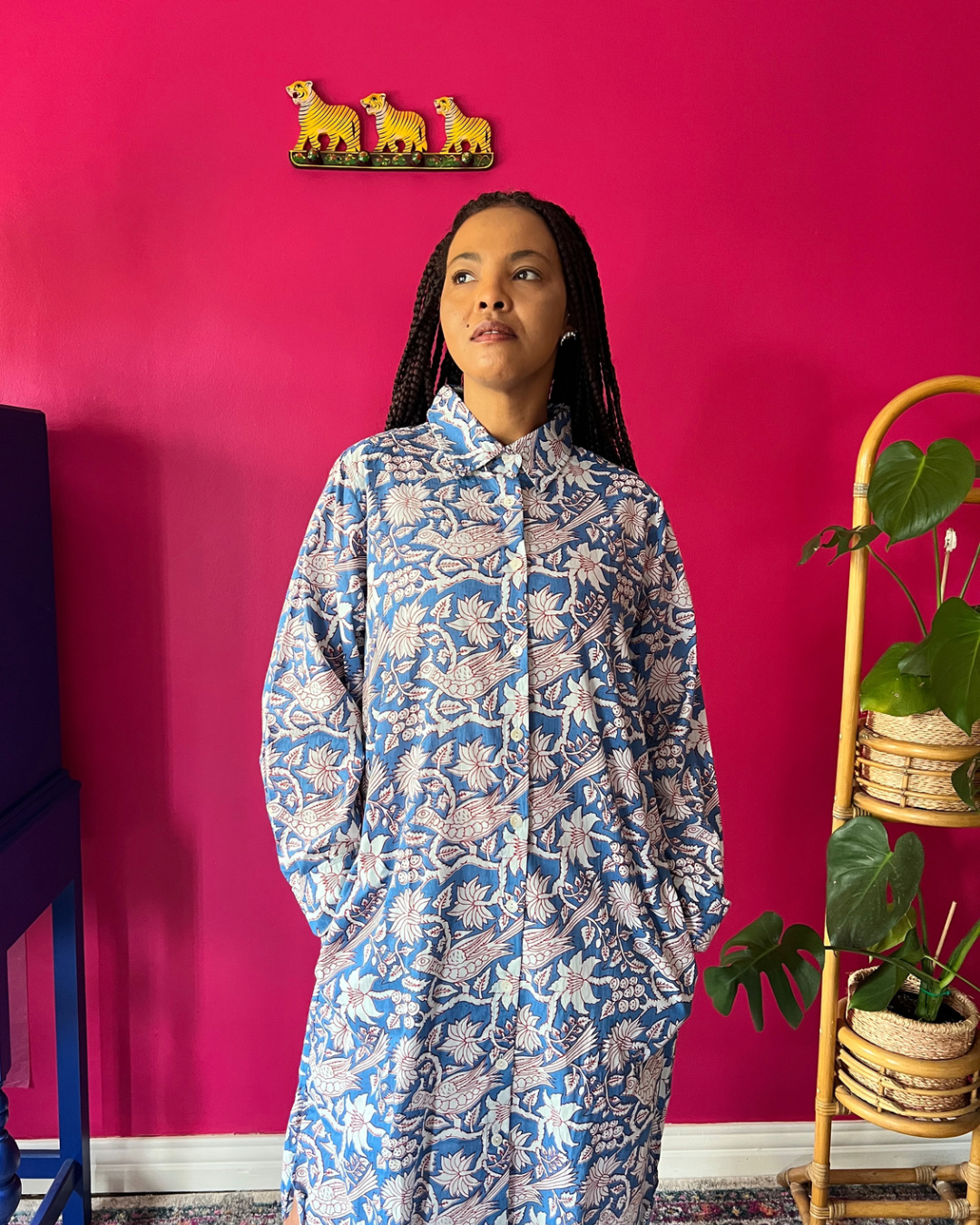 Boyfriend Shirt Dress 2.0 - Light Blue with Red & White Garden Bird