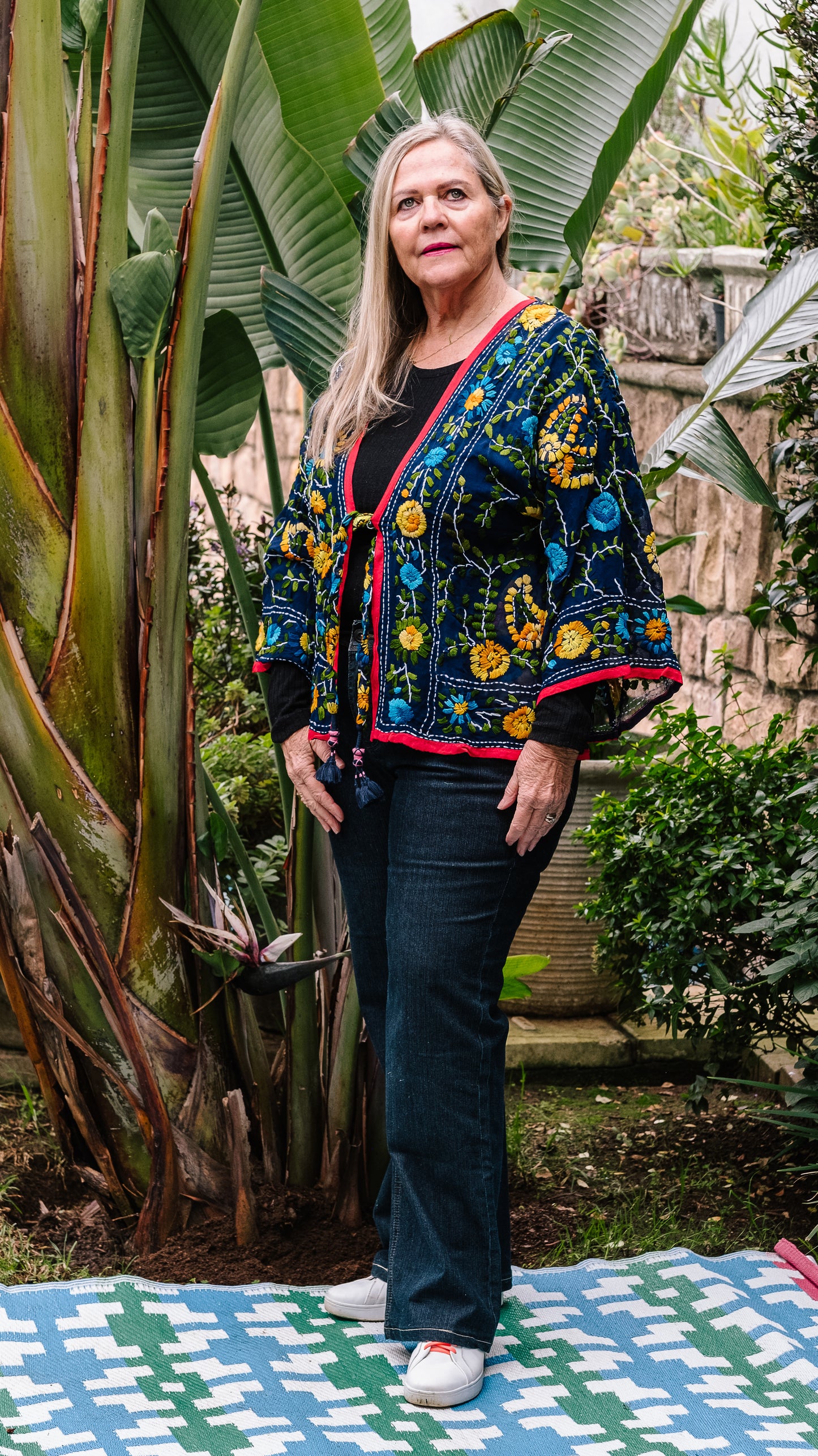 Phulkari Jacket Number 1 - Navy with Red Trim & Yellow Embroidered Blooms