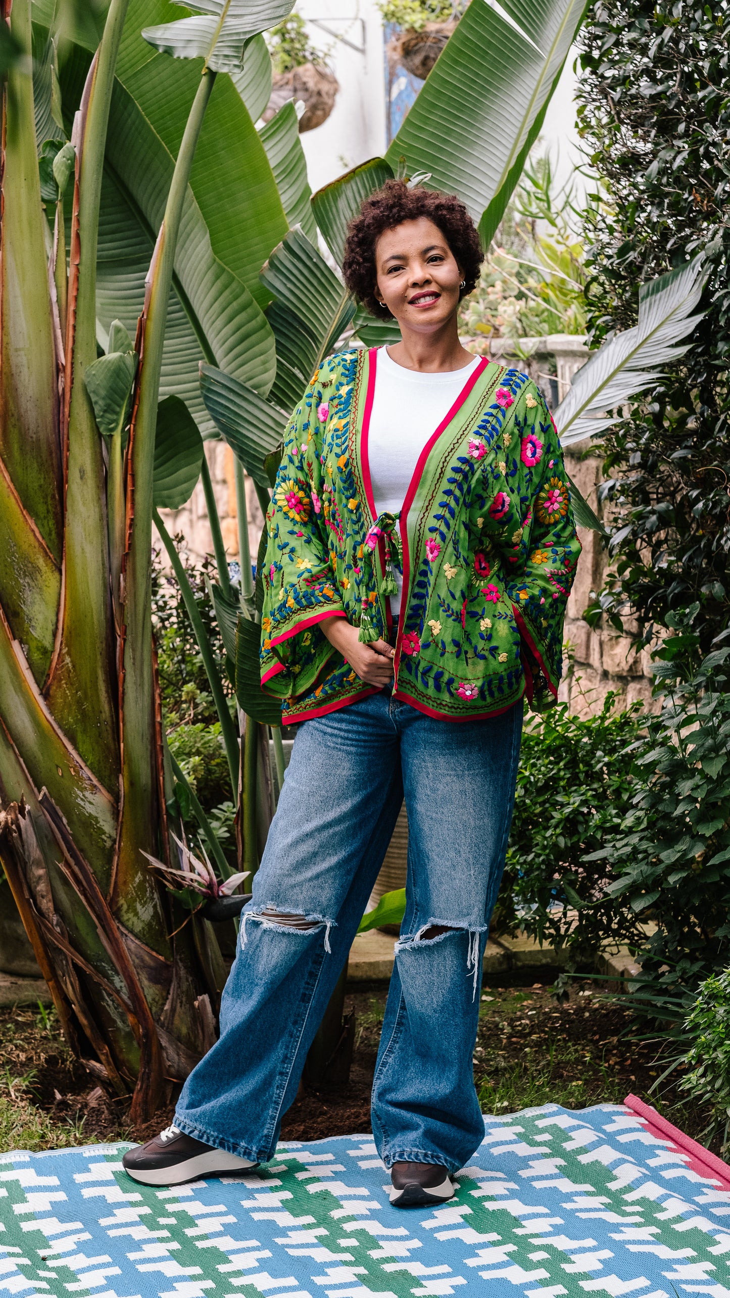 Phulkari Jacket Number 10 - Bright Green with Hot Pink Trim, Pink, Royal Blue & Yellow Embroidered Blooms