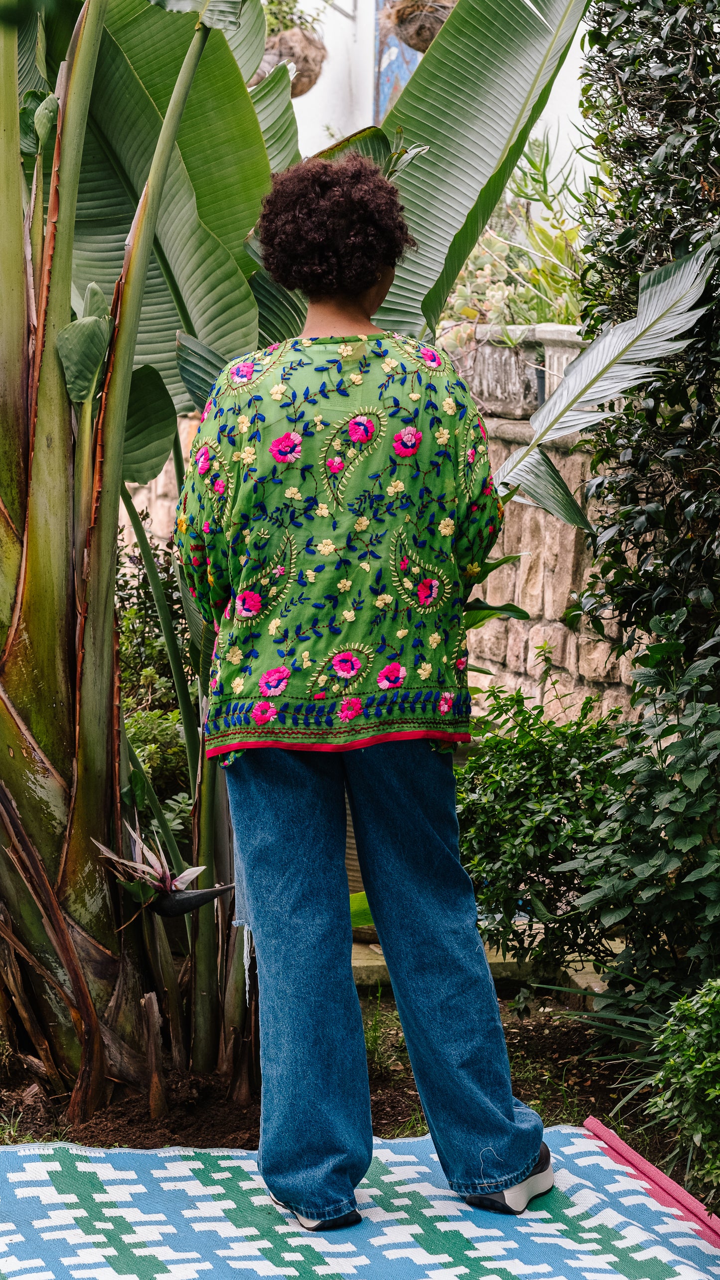 Phulkari Jacket Number 10 - Bright Green with Hot Pink Trim, Pink, Royal Blue & Yellow Embroidered Blooms