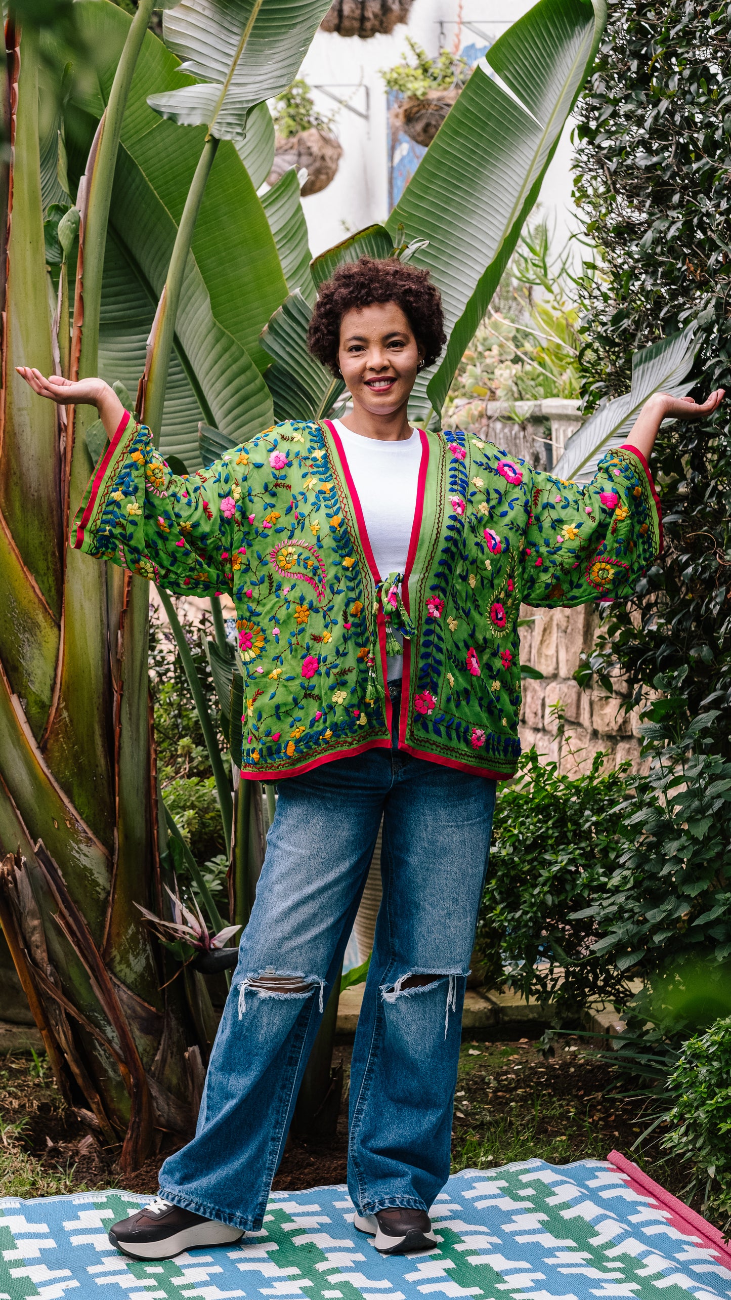 Phulkari Jacket Number 10 - Bright Green with Hot Pink Trim, Pink, Royal Blue & Yellow Embroidered Blooms