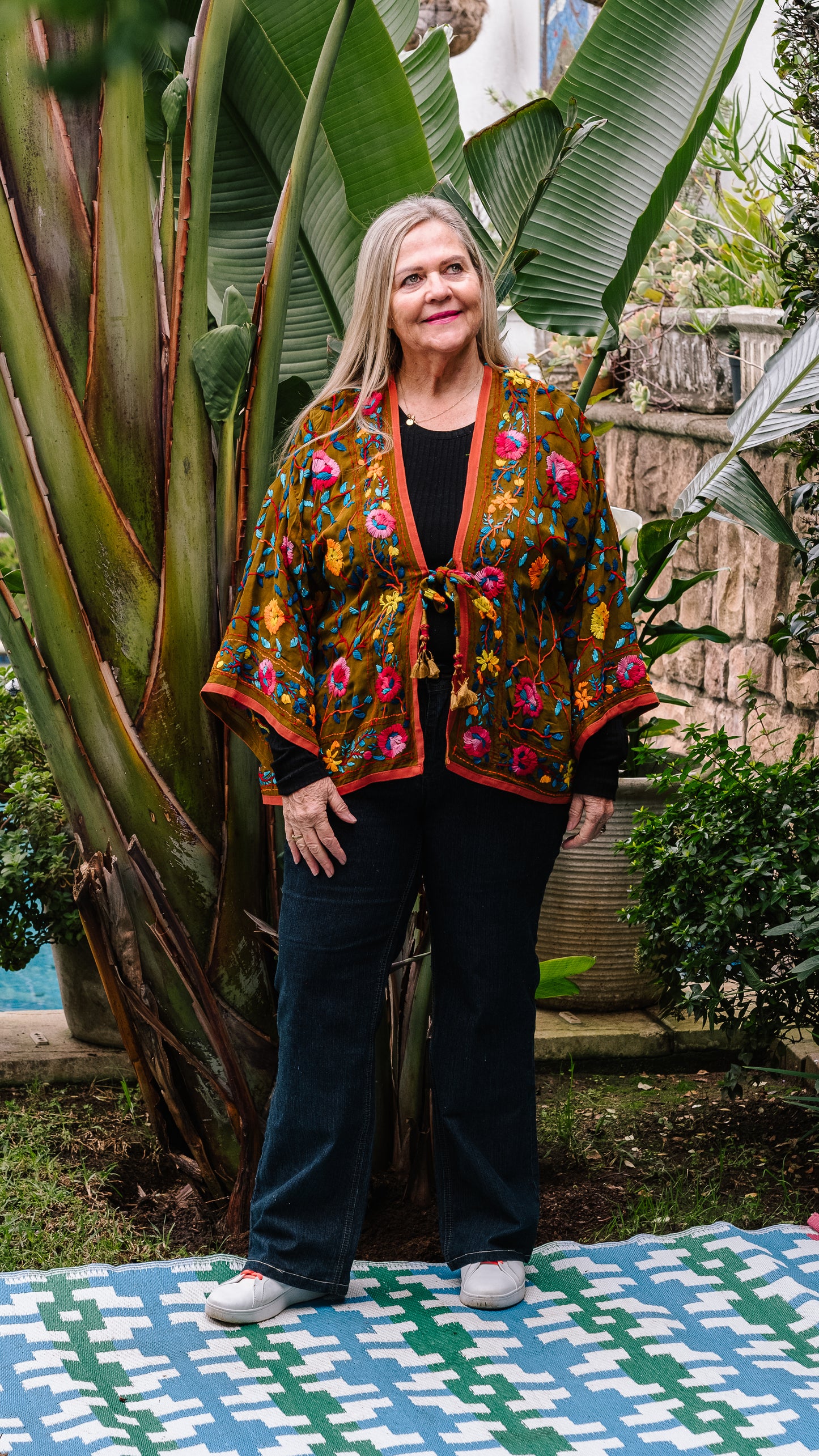 Phulkari Jacket Number 11 - Army Green with Peach Trim, Pink & Yellow, Orange and Blue Embroidered Blooms