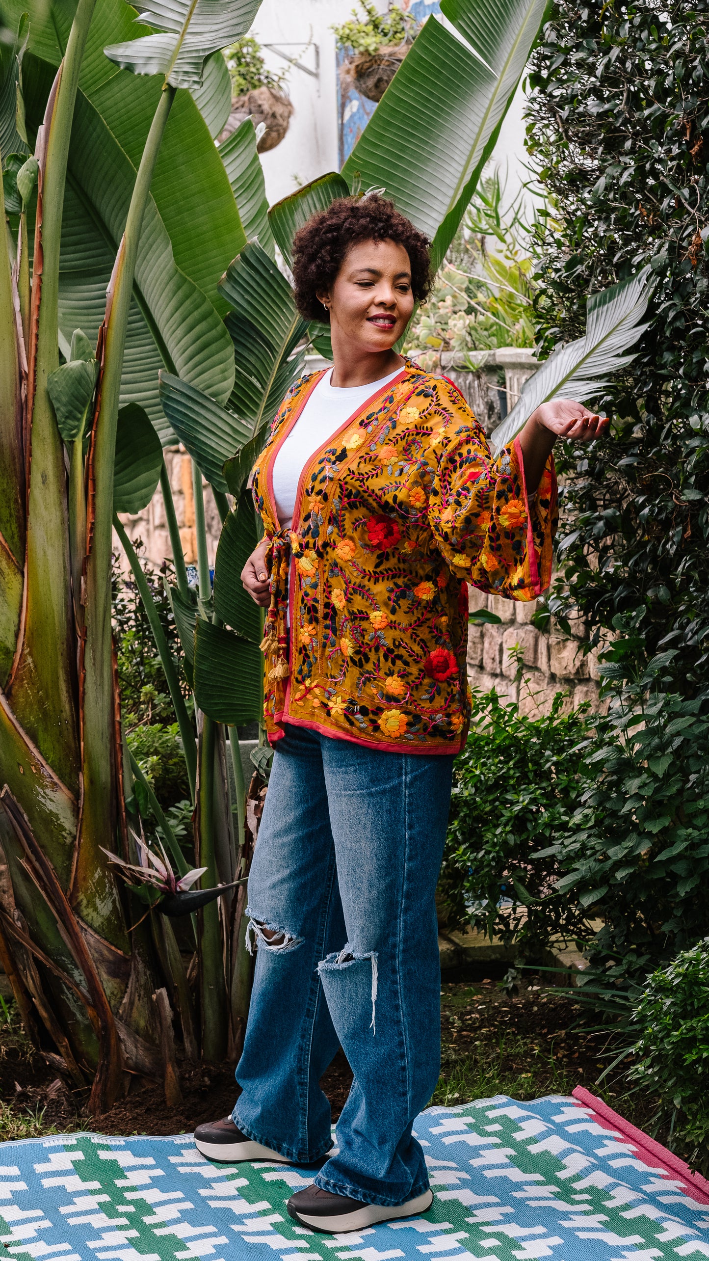 Phulkari Jacket Number 12 - Rich Mustard with Coral Trim, Red, Black, Orange & Grey Embroidered Blooms
