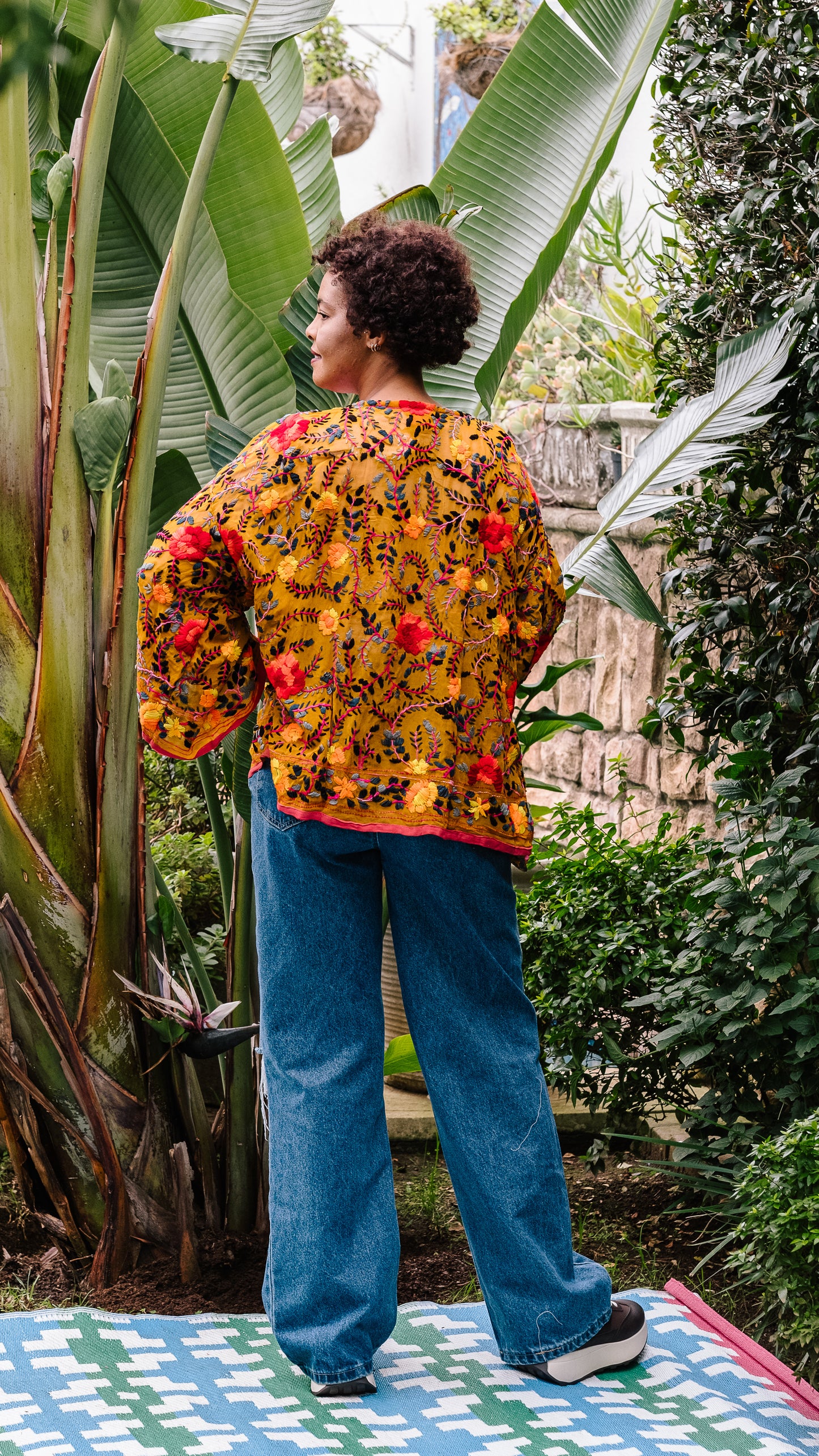 Phulkari Jacket Number 12 - Rich Mustard with Coral Trim, Red, Black, Orange & Grey Embroidered Blooms
