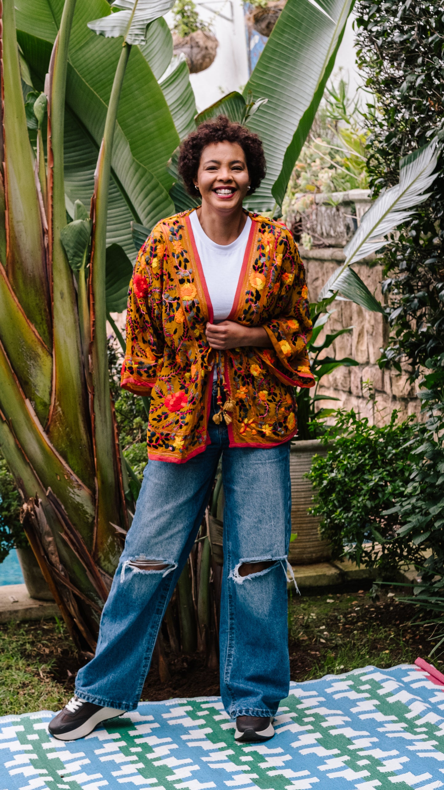Phulkari Jacket Number 12 - Rich Mustard with Coral Trim, Red, Black, Orange & Grey Embroidered Blooms