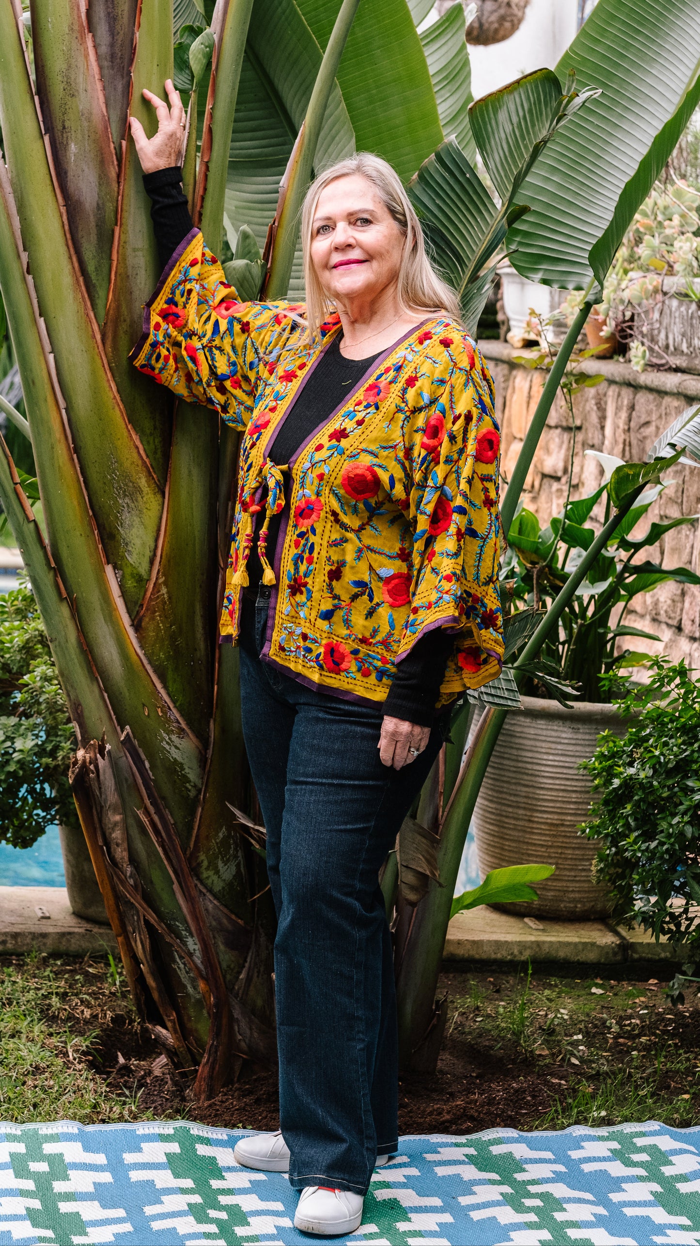 Phulkari Jacket Number 13 - Mustard with Burgundy Trim, Red, Orange & Blue Embroidered Blooms