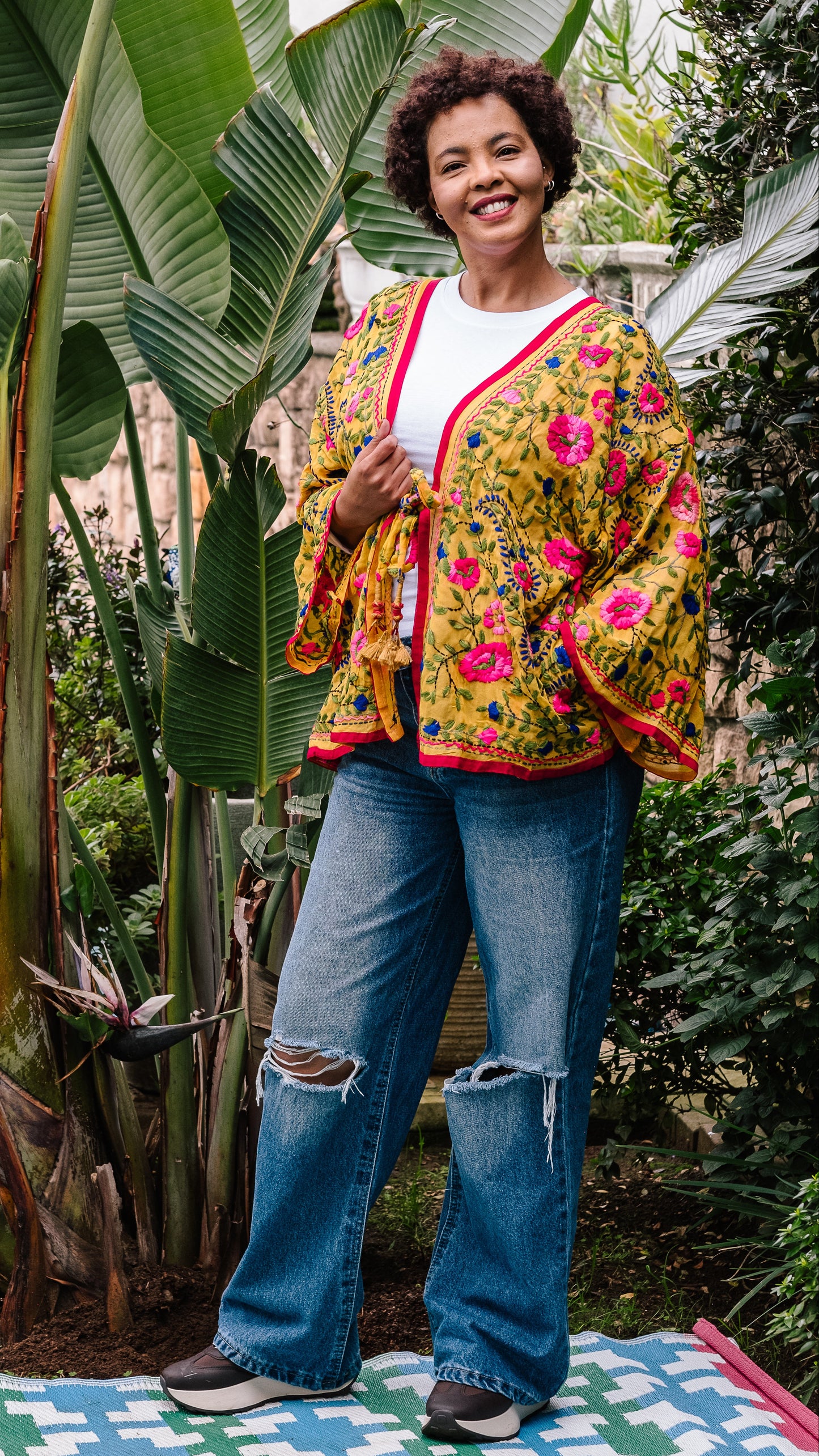 Phulkari Jackets Number 14 - Soft Mustard with Red Trim, Pink, Blue & Green Embroidered Blooms