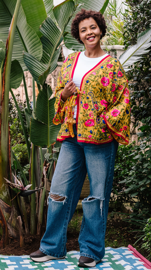 Phulkari Jackets Number 14 - Soft Mustard with Red Trim, Pink, Blue & Green Embroidered Blooms
