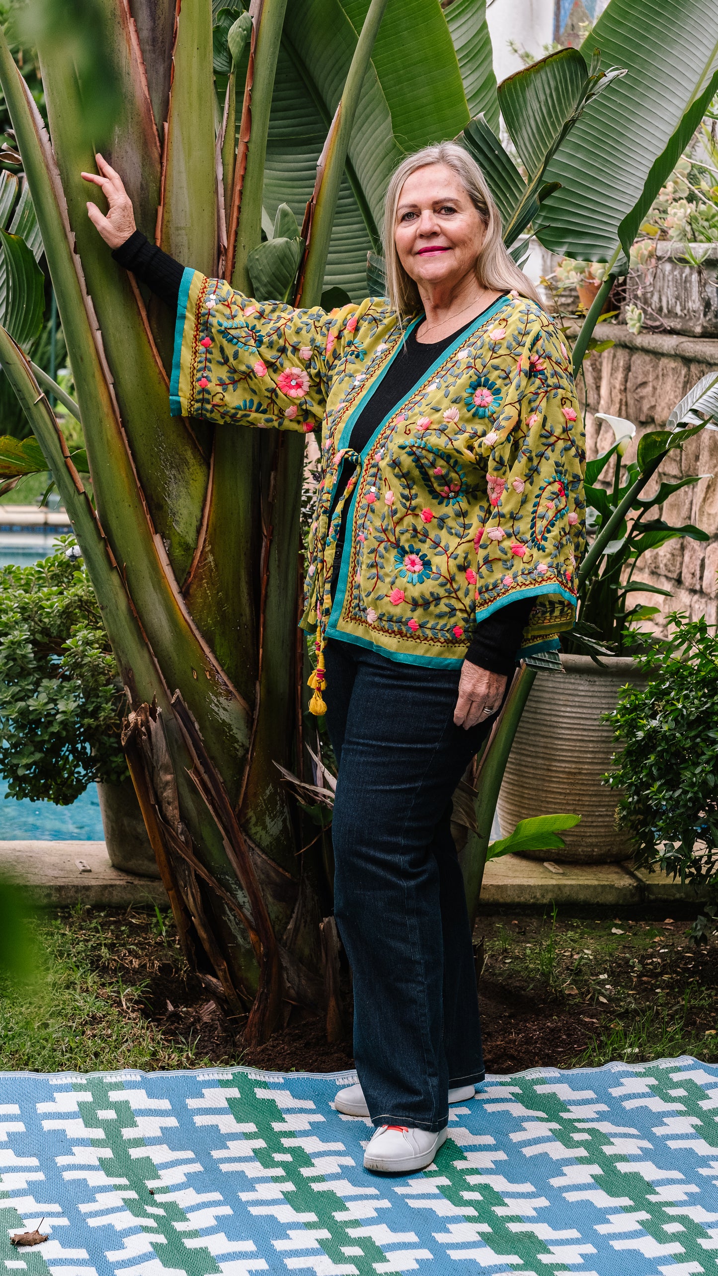 Phulkari Jacket Number 15 - Yellow with Turquoise Trim, Pink, Grey & Teal Embroidered Blooms