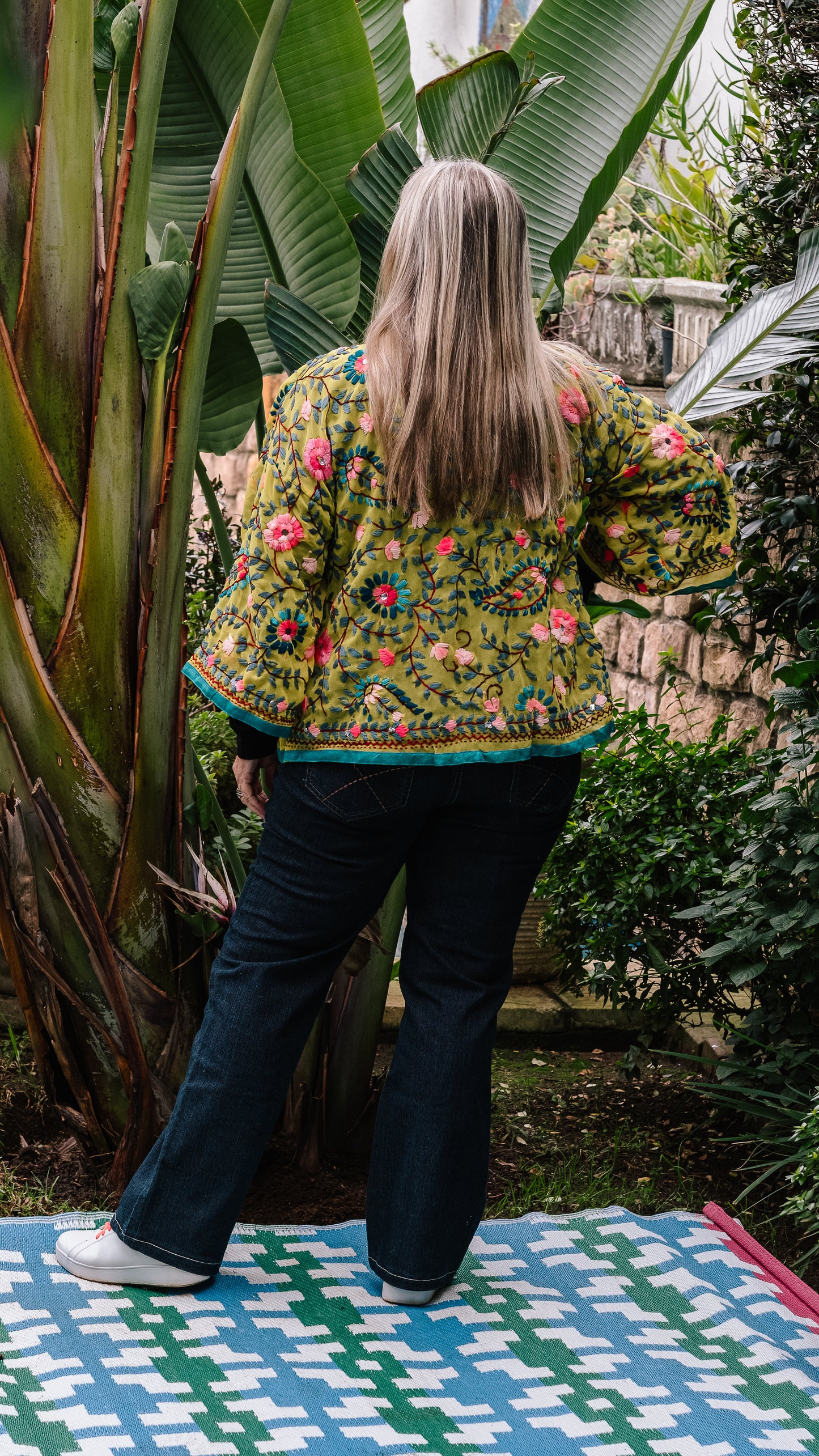 Phulkari Jacket Number 15 - Yellow with Turquoise Trim, Pink, Grey & Teal Embroidered Blooms