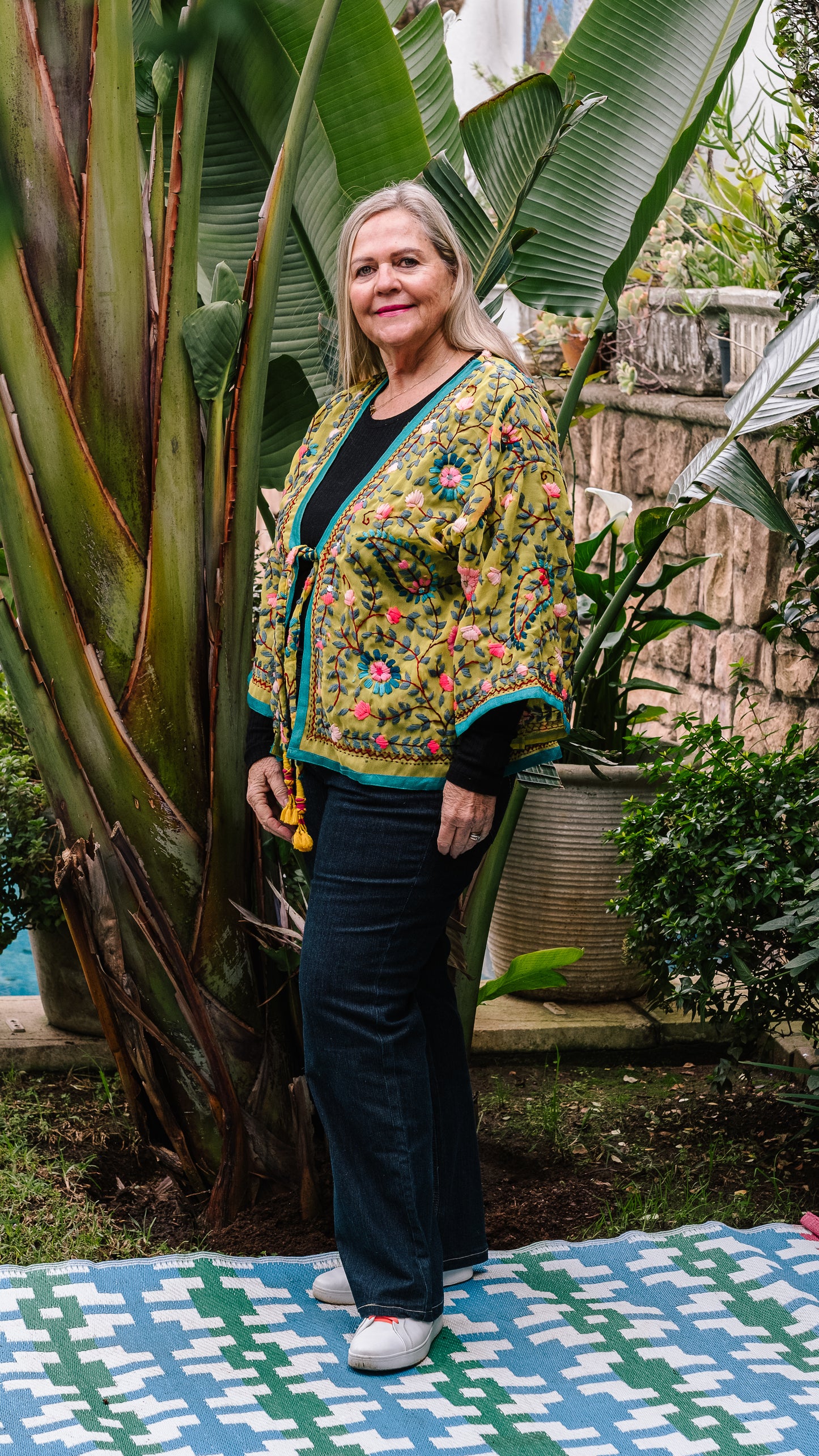 Phulkari Jacket Number 15 - Yellow with Turquoise Trim, Pink, Grey & Teal Embroidered Blooms