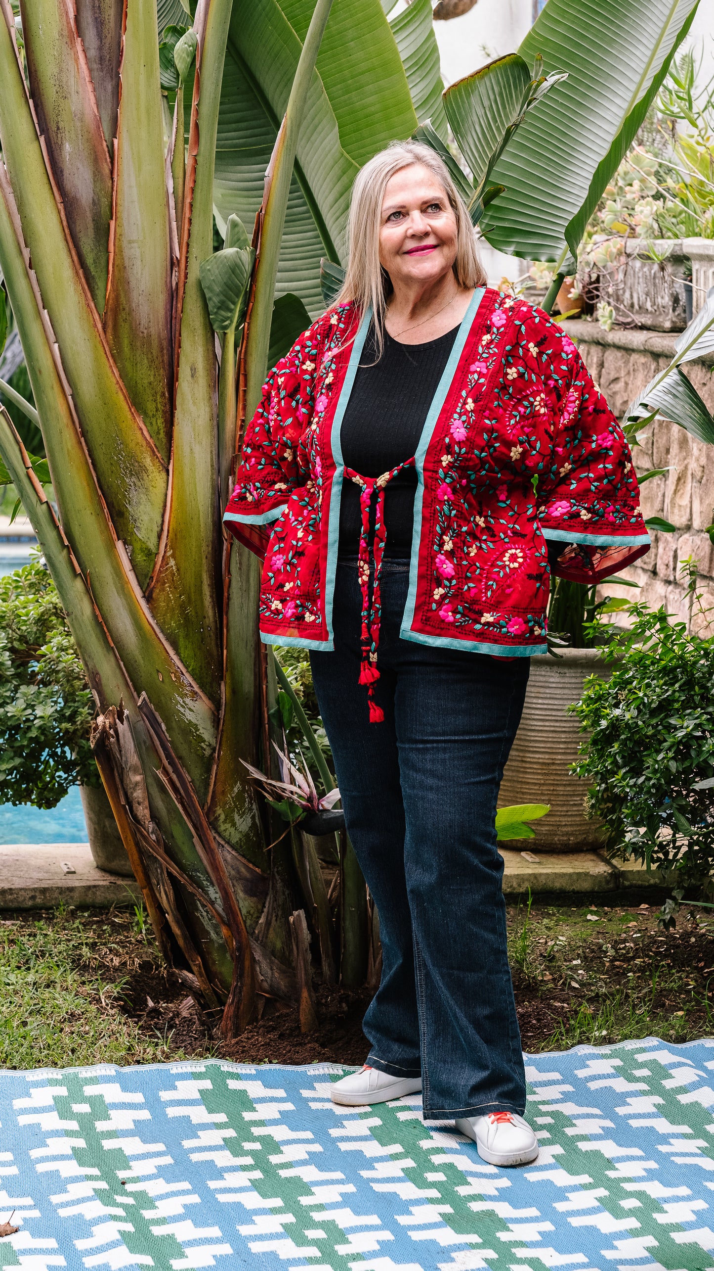Phulkari Jacket Number 17 - Red with Turquoise Trim, Hot Pink, Cream, Black & Turquoise Embroidered Blooms