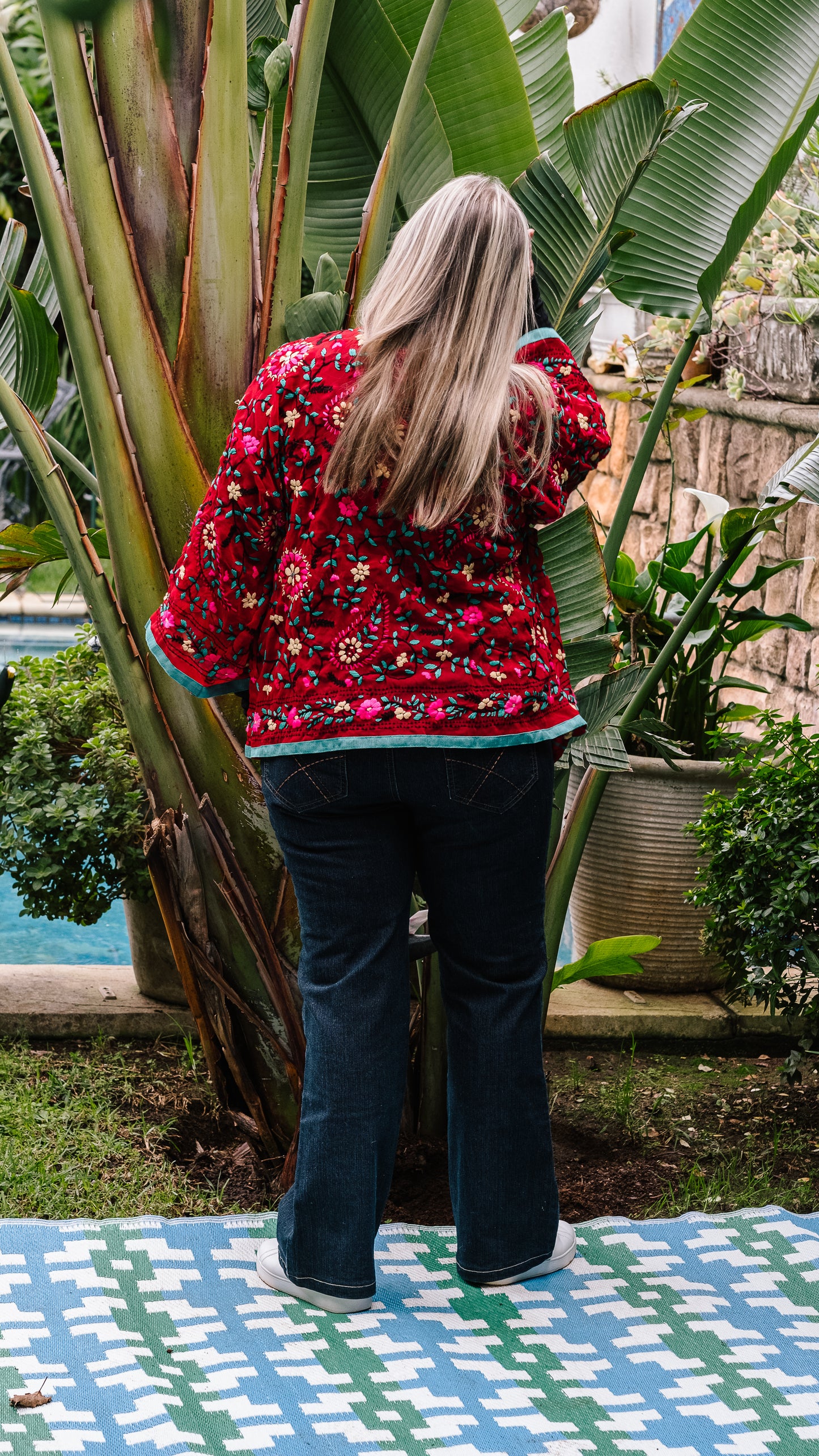 Phulkari Jacket Number 17 - Red with Turquoise Trim, Hot Pink, Cream, Black & Turquoise Embroidered Blooms