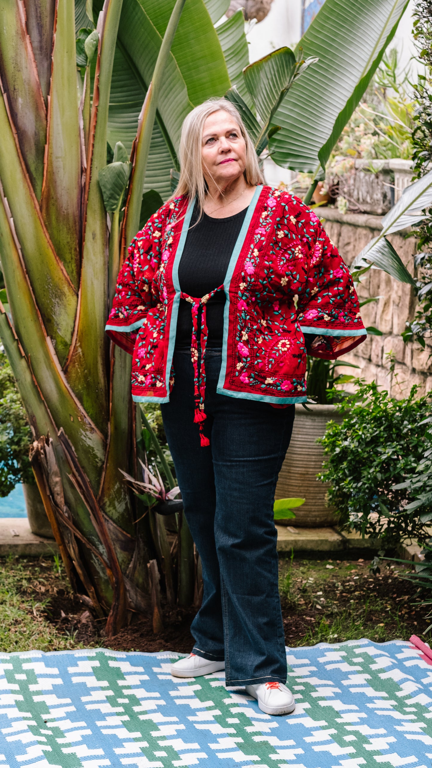 Phulkari Jacket Number 17 - Red with Turquoise Trim, Hot Pink, Cream, Black & Turquoise Embroidered Blooms