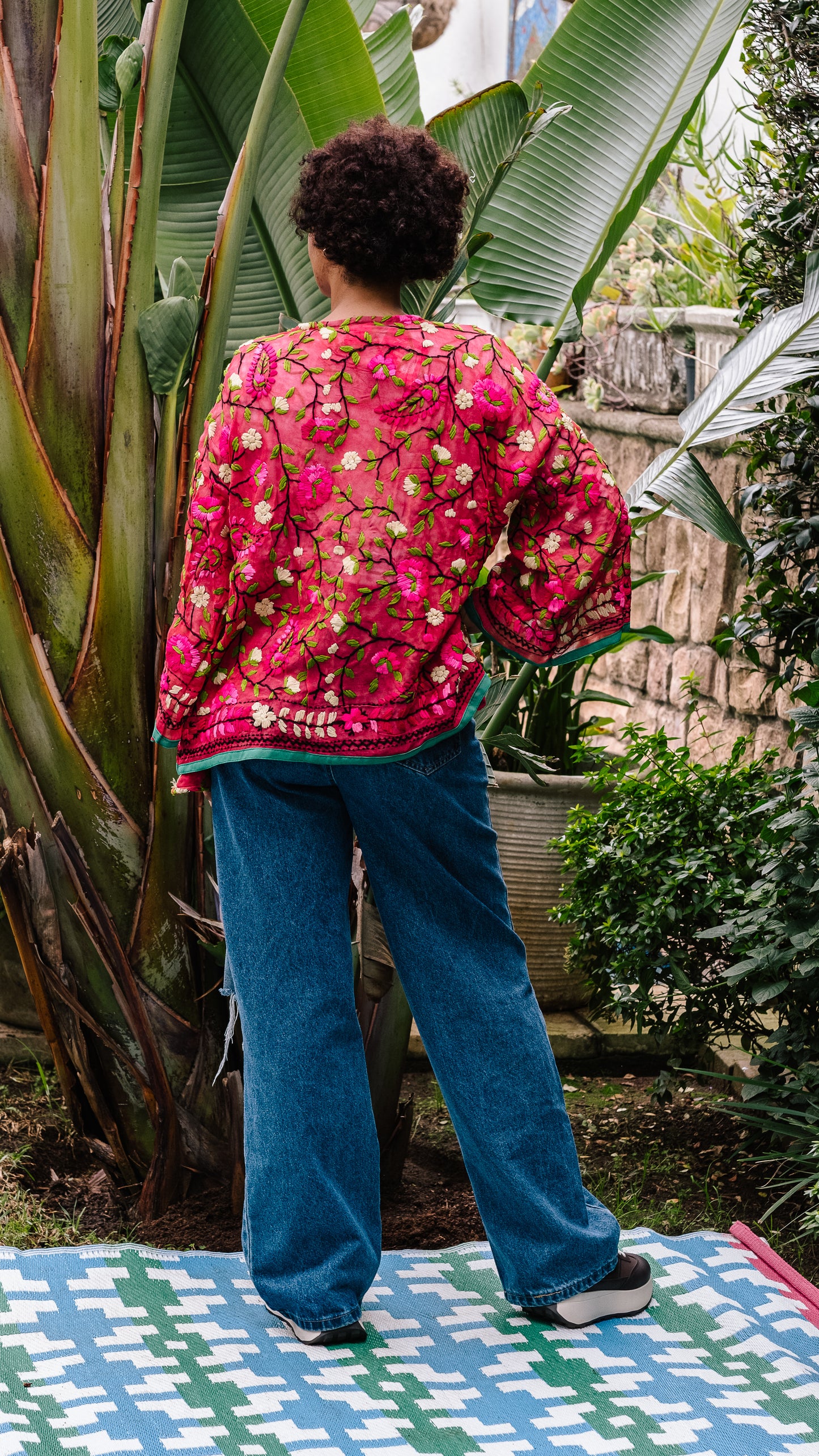Phulkari Jacket Number 18 - Cherry Red with Black Trim, Turquoise, Orange & Yellow Embroidered Blooms