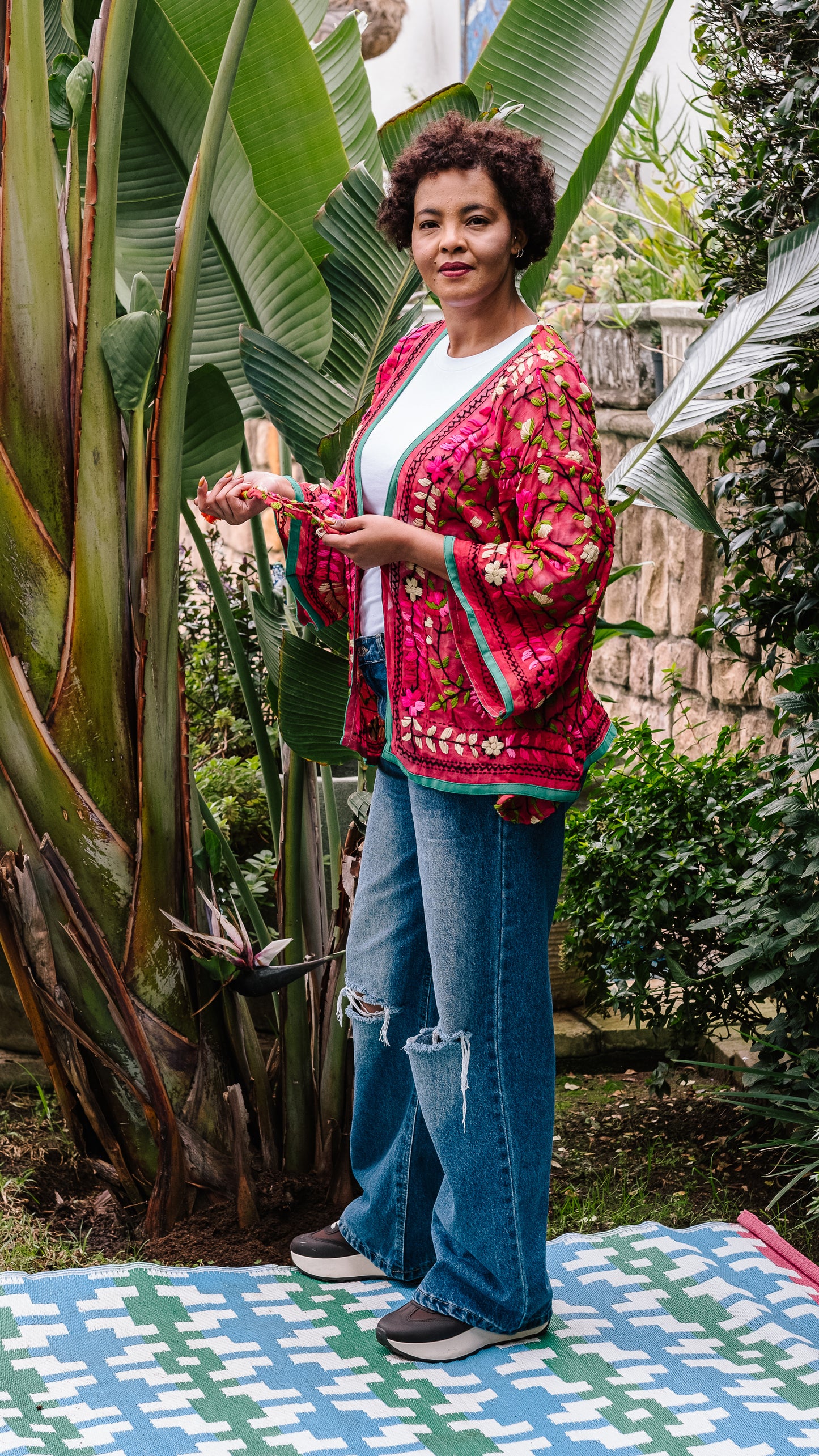Phulkari Jacket Number 18 - Cherry Red with Black Trim, Turquoise, Orange & Yellow Embroidered Blooms