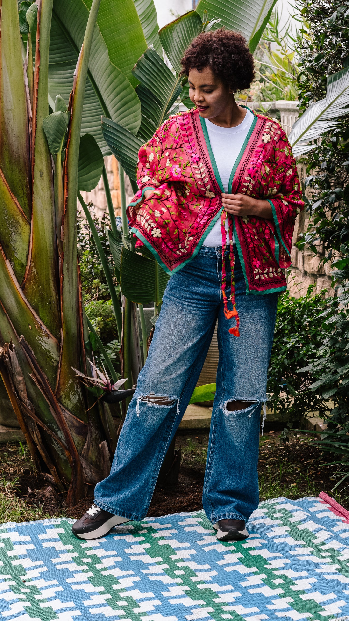 Phulkari Jacket Number 18 - Cherry Red with Black Trim, Turquoise, Orange & Yellow Embroidered Blooms