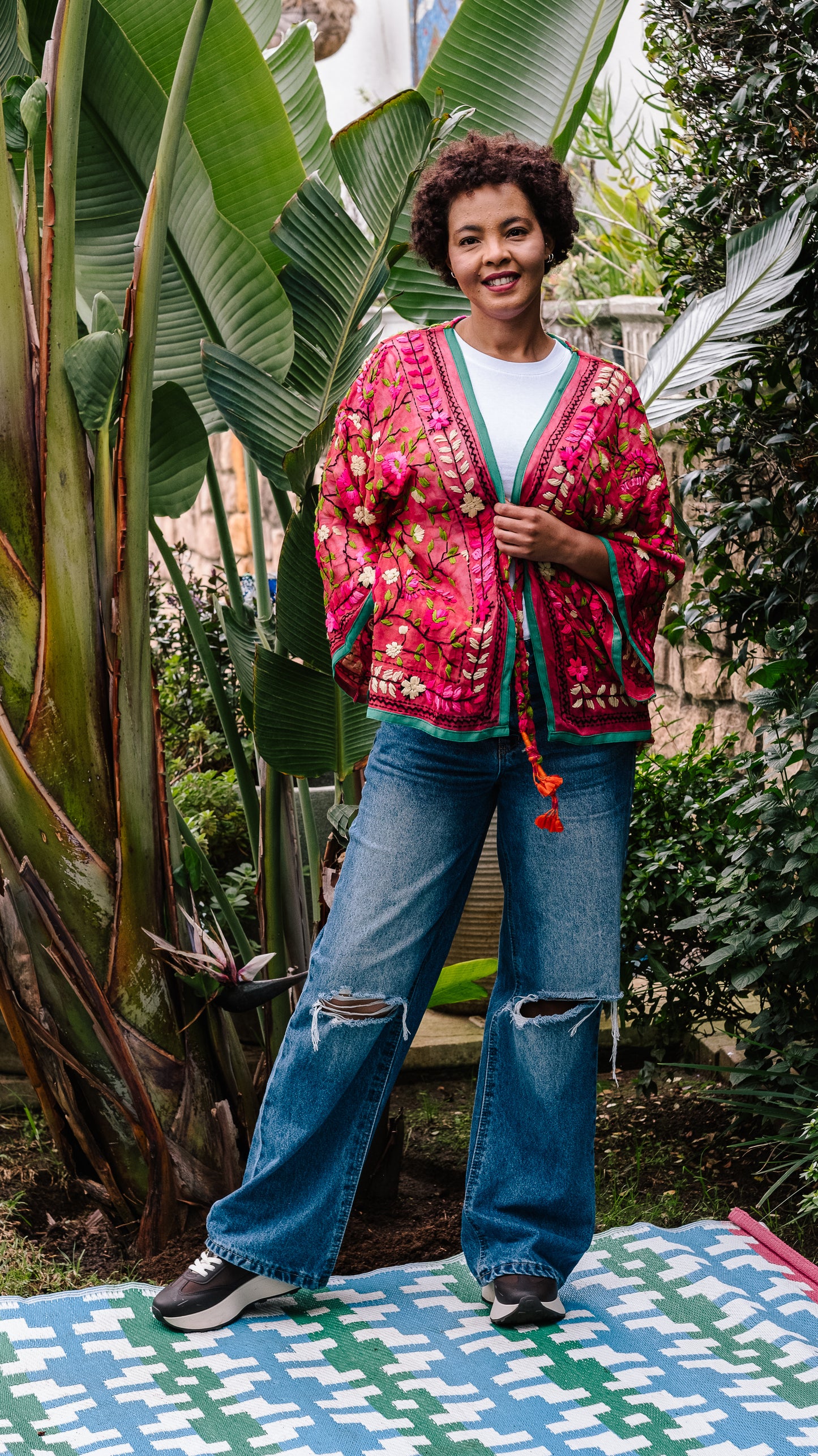 Phulkari Jacket Number 18 - Cherry Red with Black Trim, Turquoise, Orange & Yellow Embroidered Blooms