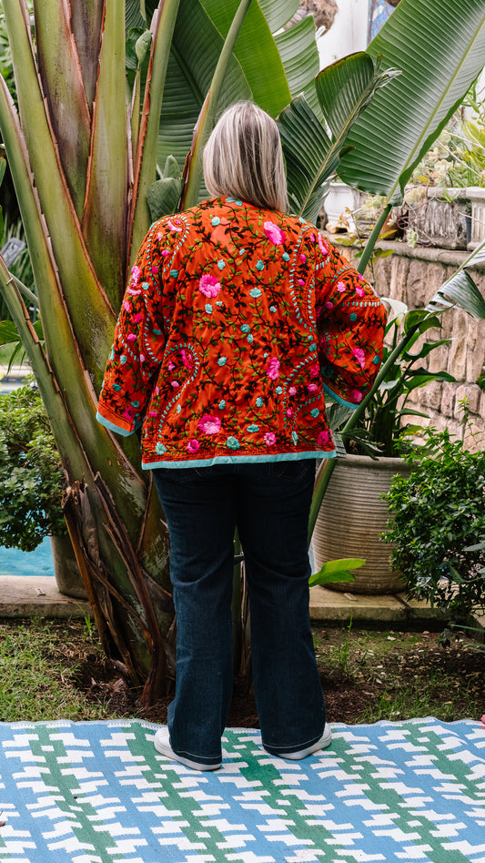 Phulkari Jacket Number 19 - Bright Orange with Turquoise Trim, Hot Pink, Turquoise & Green Embroidered Blooms