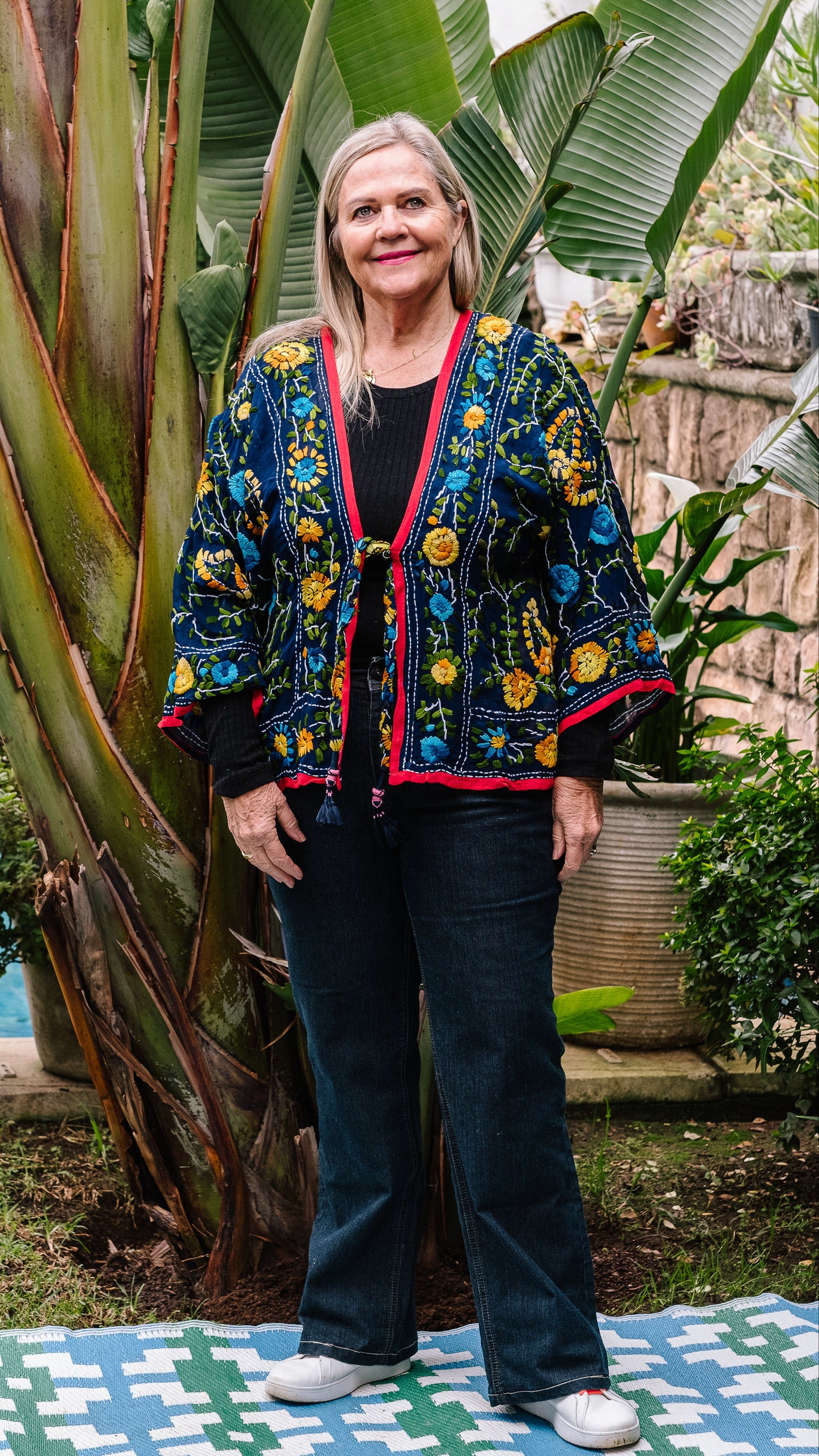 Phulkari Jacket Number 1 - Navy with Red Trim & Yellow Embroidered Blooms