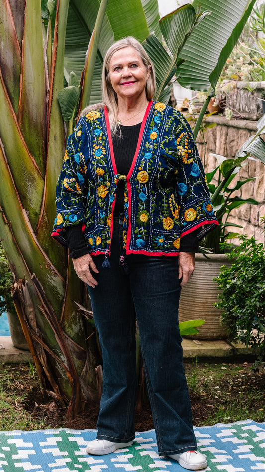 Phulkari Jacket Number 1 - Navy with Red Trim & Yellow Embroidered Blooms