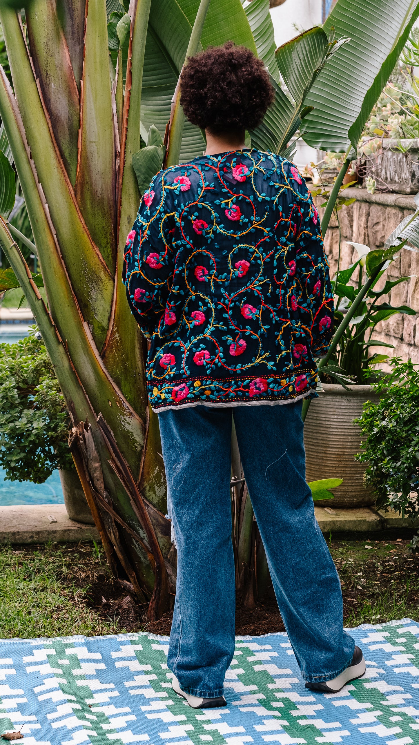 Phulkari Jacket Number 2 - Navy with Grey Trim & Pink  Embroidered Blooms