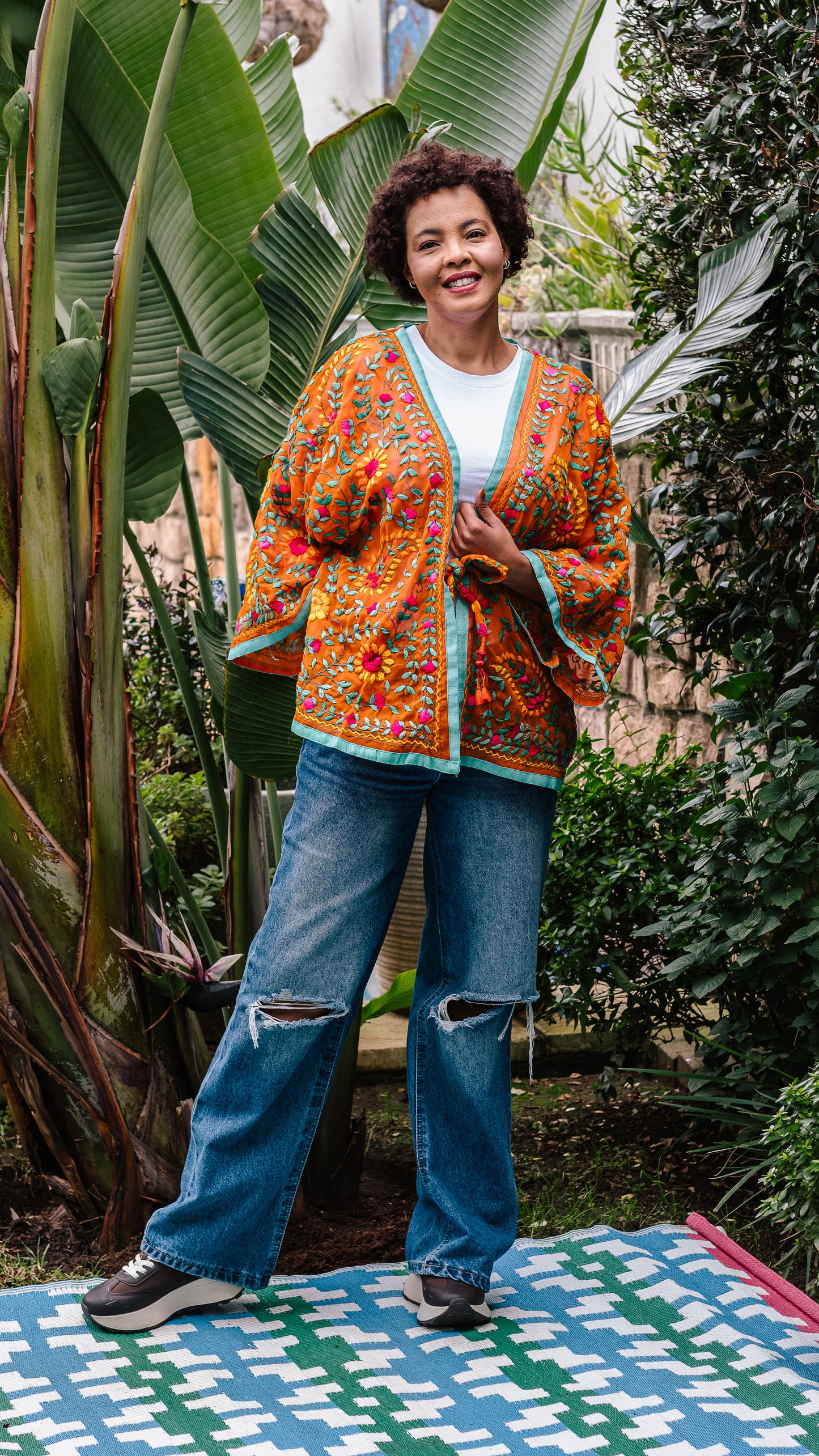 Phulkari Jacket Number 20 - Orange with Turquoise Trim, Pink, Turquoise, Green & Orange Embroidered Blooms
