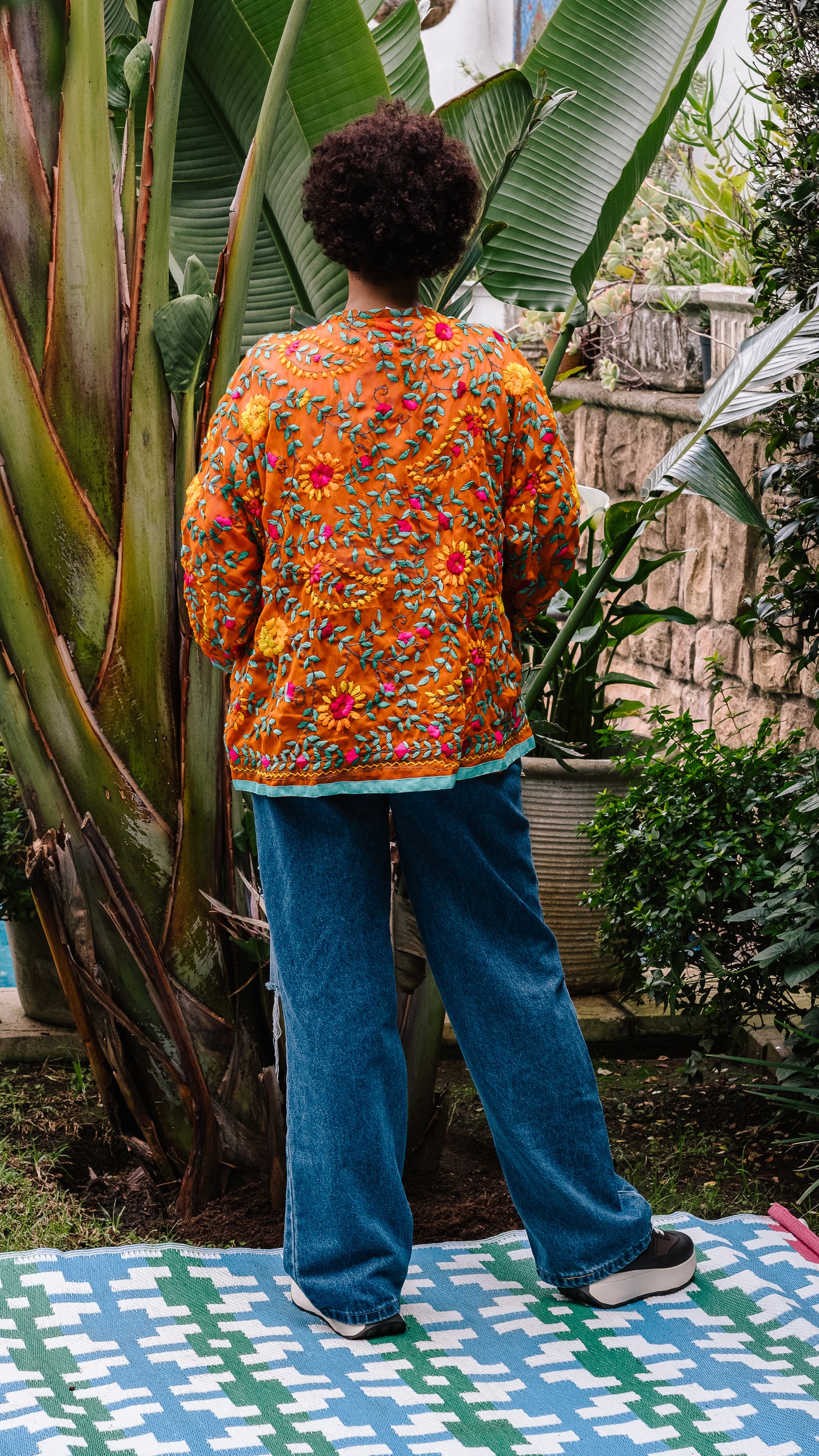 Phulkari Jacket Number 20 - Orange with Turquoise Trim, Pink, Turquoise, Green & Orange Embroidered Blooms