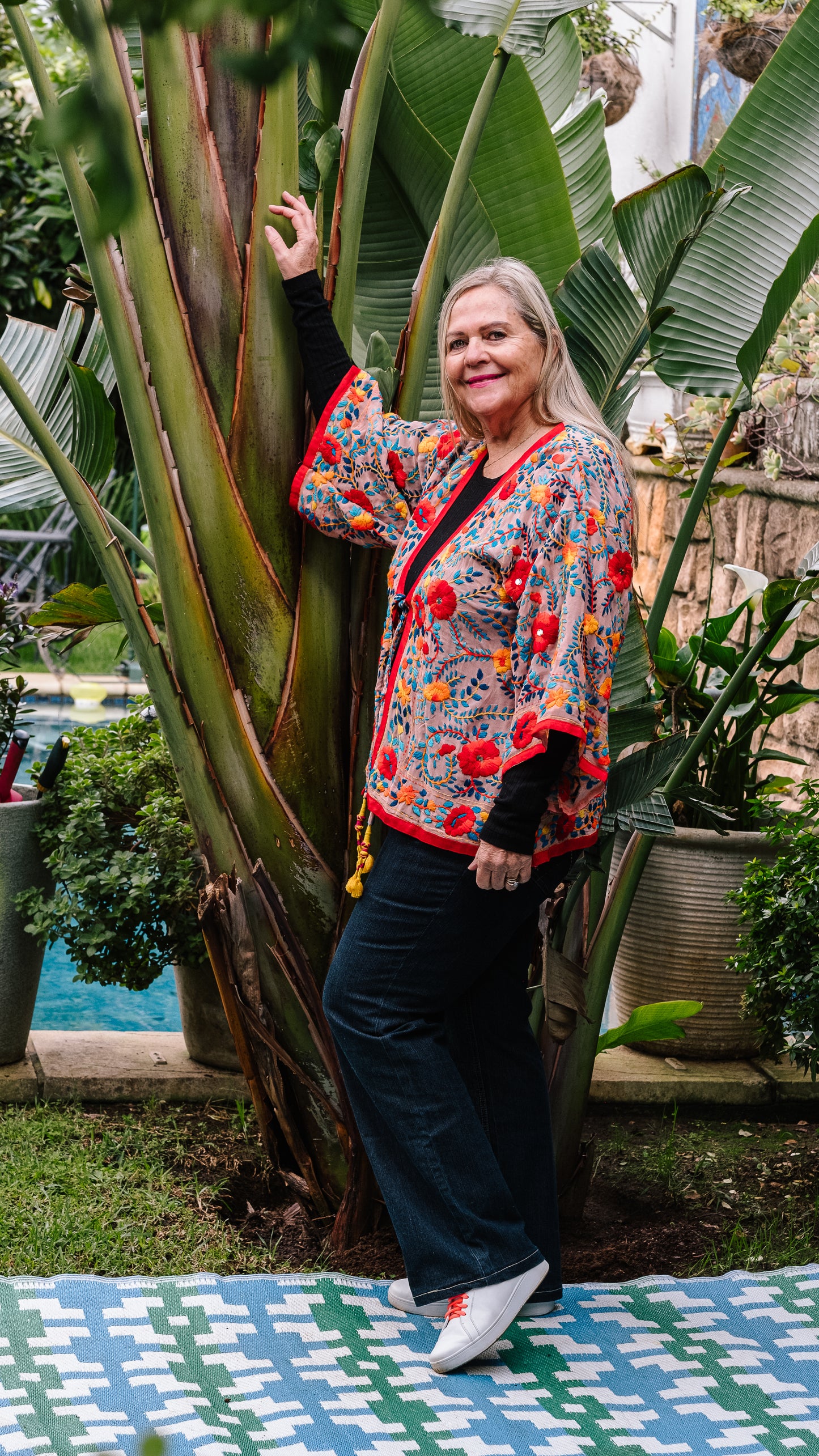 Phulkari Jacket Number 21 - Soft Pink with Coral Trim, Red, Orange, Blue & Yellow Embroidered Blooms