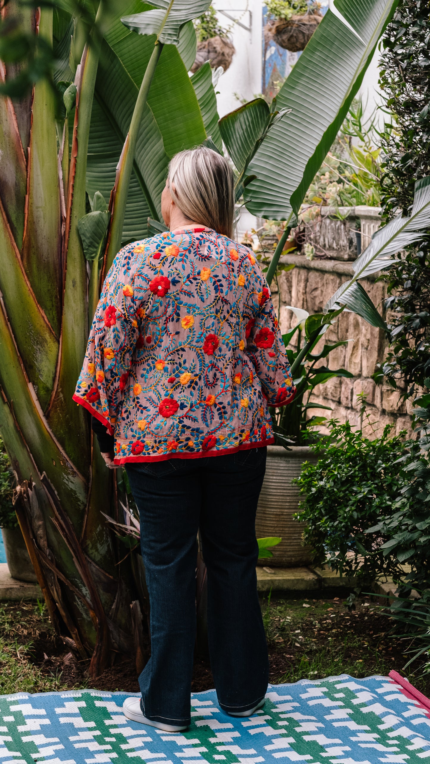 Phulkari Jacket Number 21 - Soft Pink with Coral Trim, Red, Orange, Blue & Yellow Embroidered Blooms
