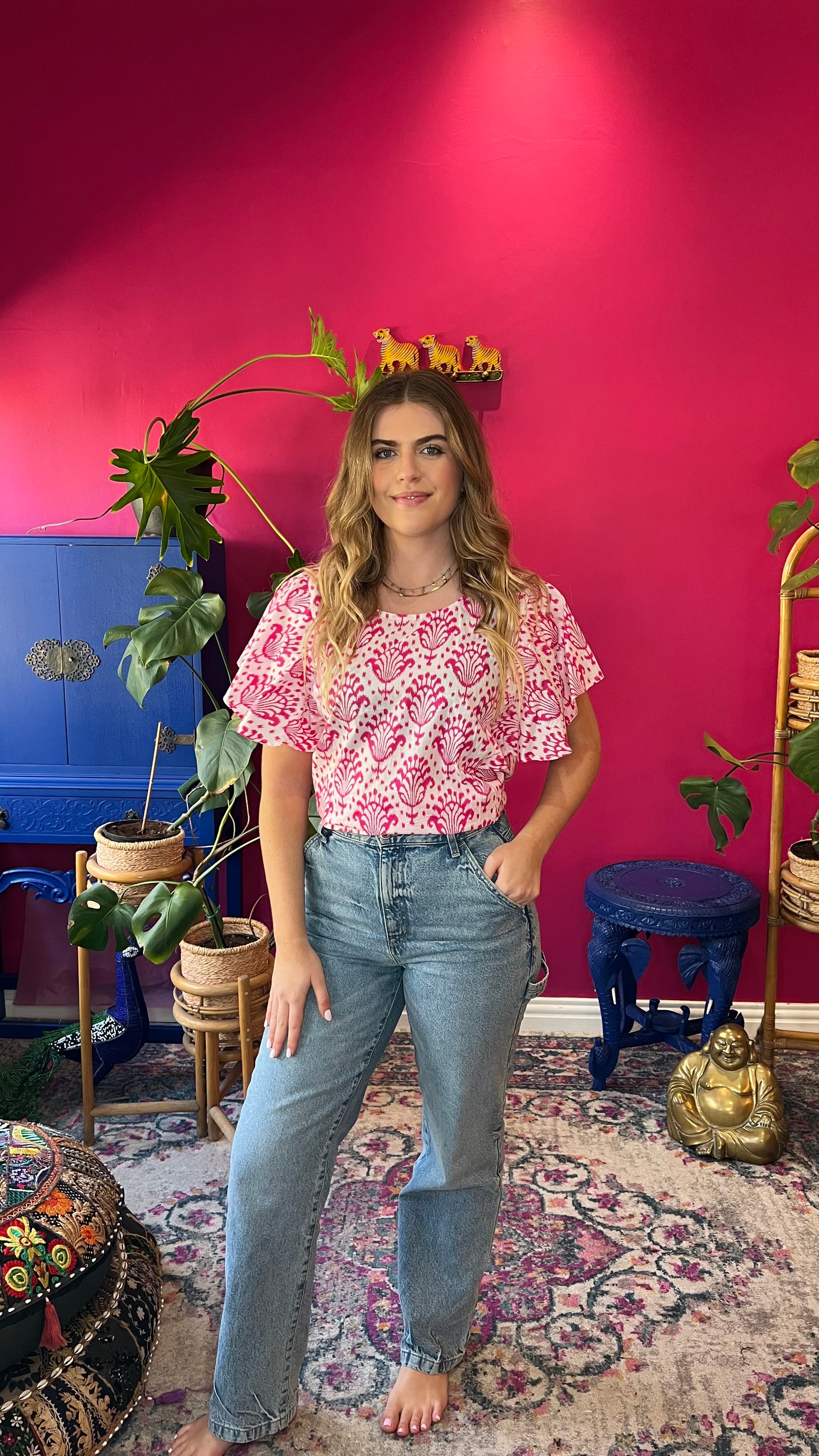 Frilly Lily Blouse White and Hot Pink Floral Fan – Gypsey Rose