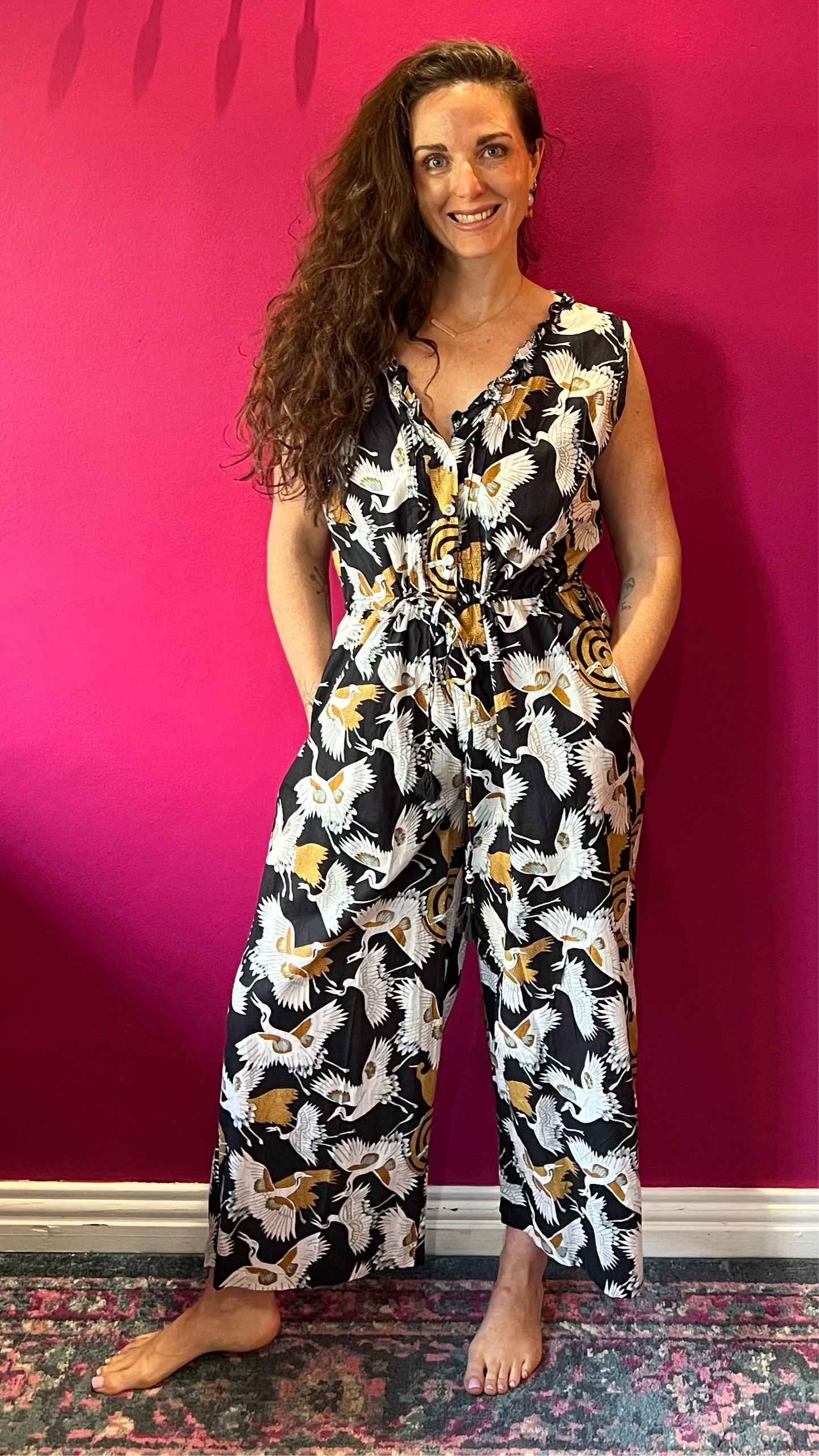 Jumpsuit - Black with white and Gold Cranes