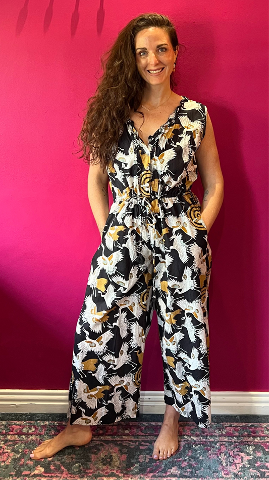 Jumpsuit - Black with white and Gold Cranes