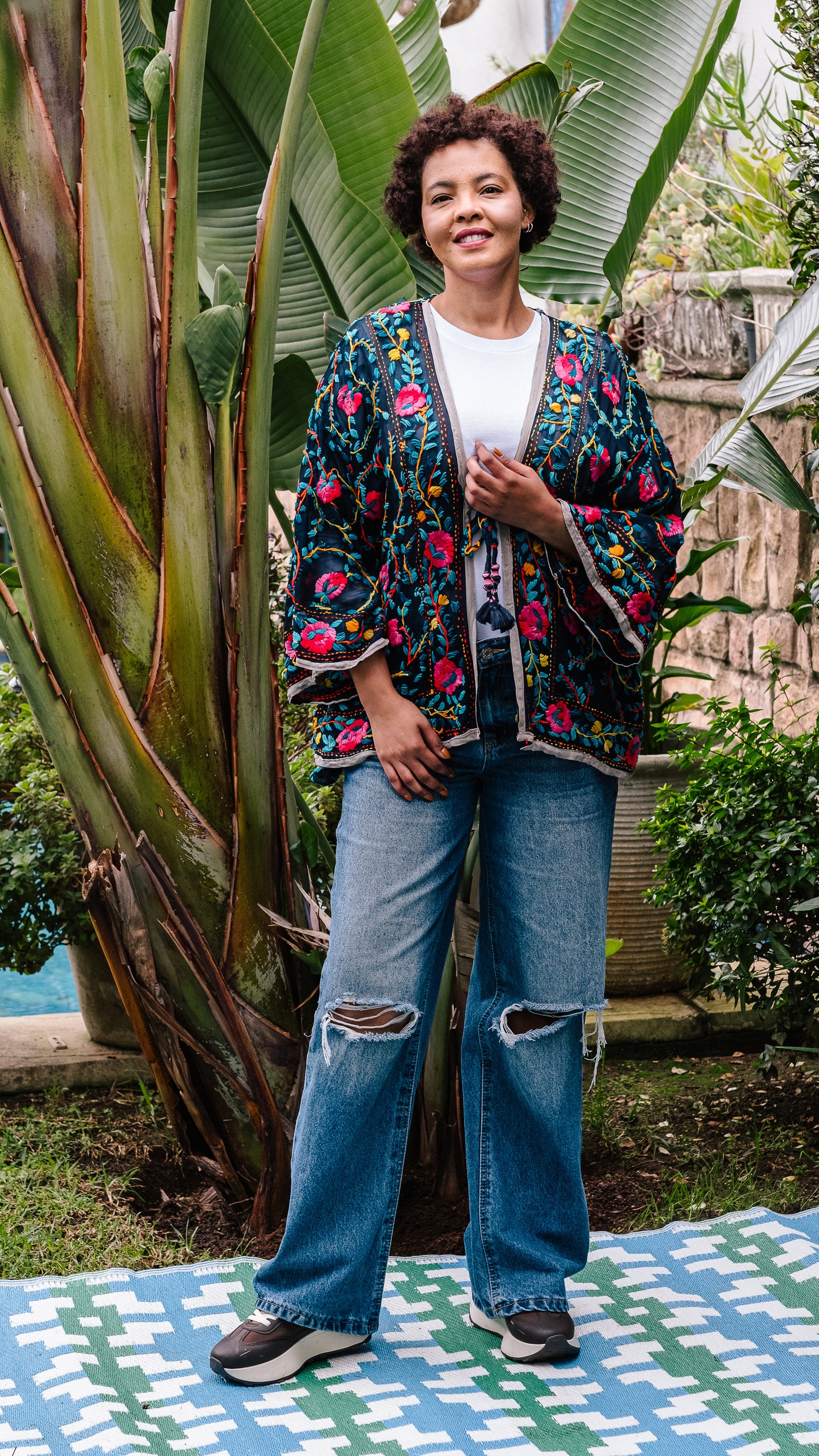 Phulkari Jacket Number 2 - Navy with Grey Trim & Pink  Embroidered Blooms