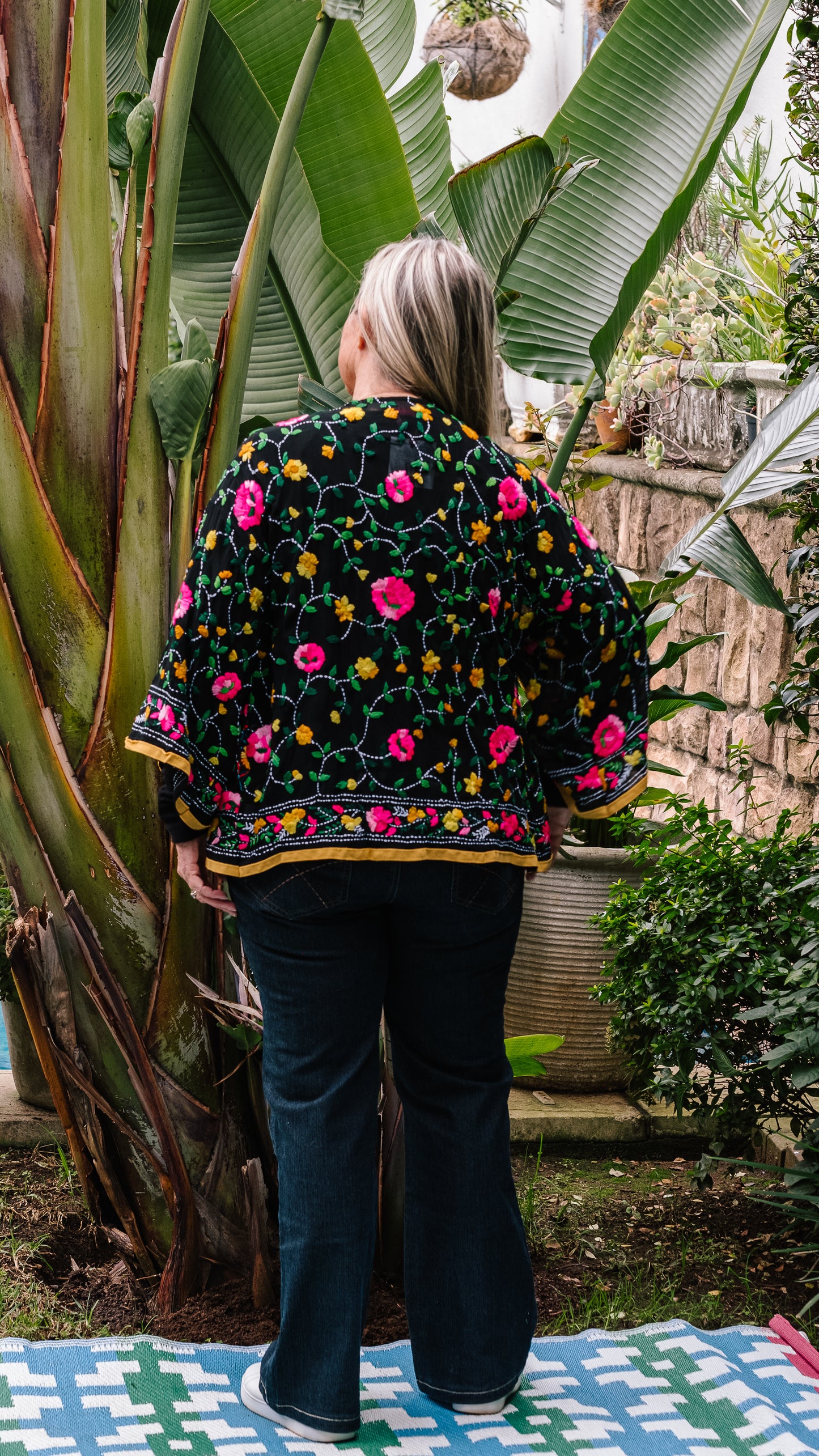 Phulkari Jacket Number 3 - Black with Mustard Trim, Pink & Yellow Embroidered Blooms