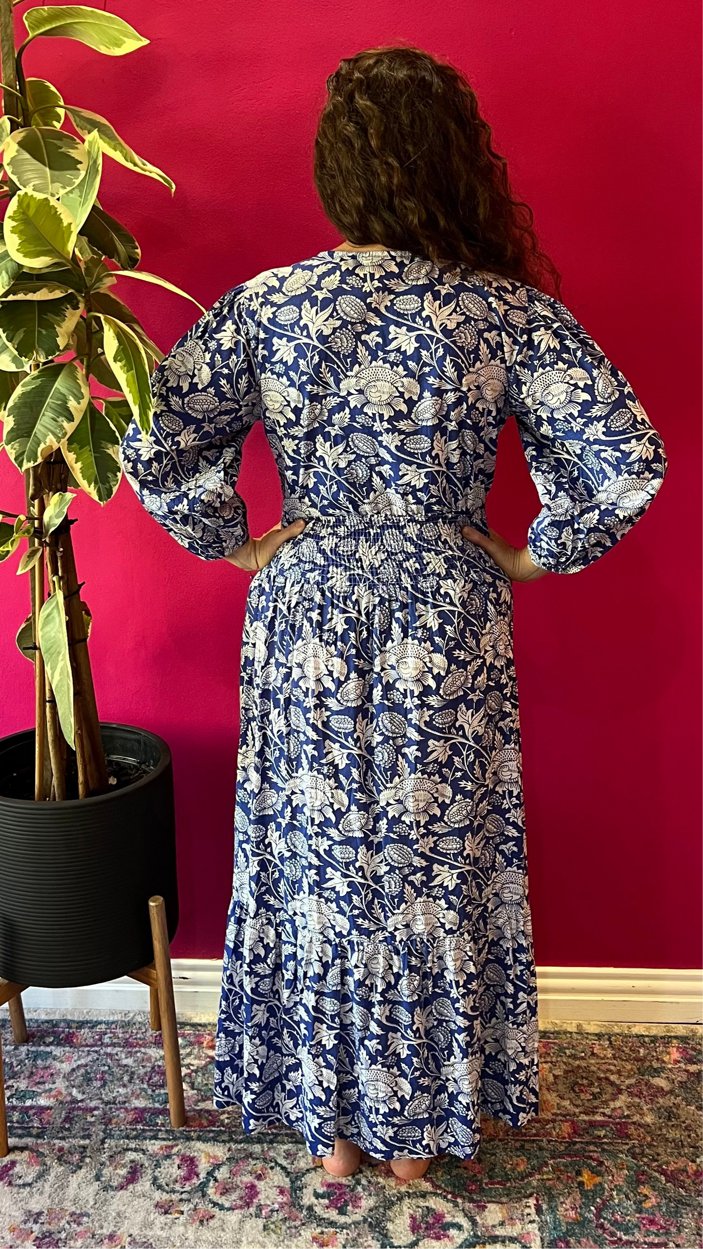 Shelley Dress - Royal Blue with White Floral Vine