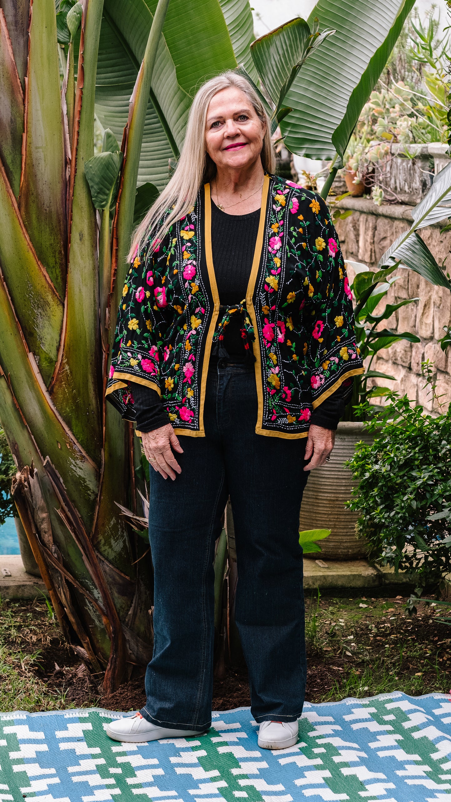 Phulkari Jacket Number 3 - Black with Mustard Trim, Pink & Yellow Embroidered Blooms