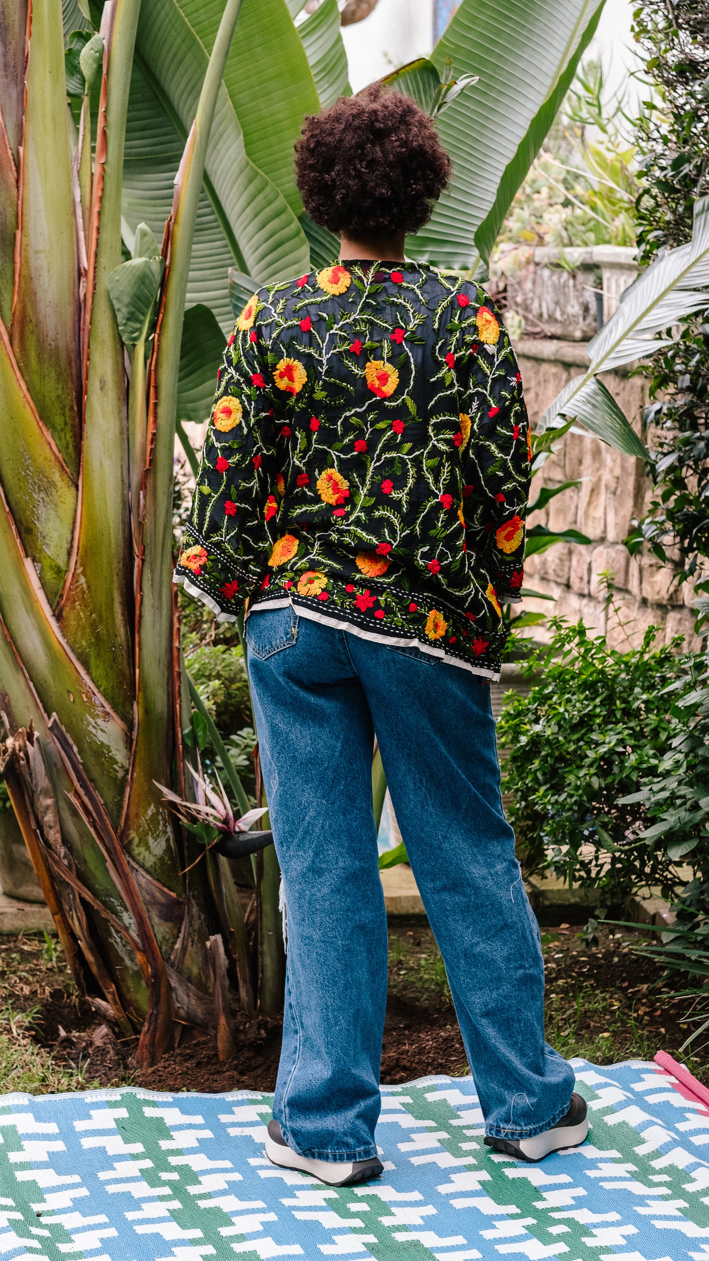 Phulkari Jacket Number 4 - Black with White Trim, Red, Green & Yellow Embroidered Blooms