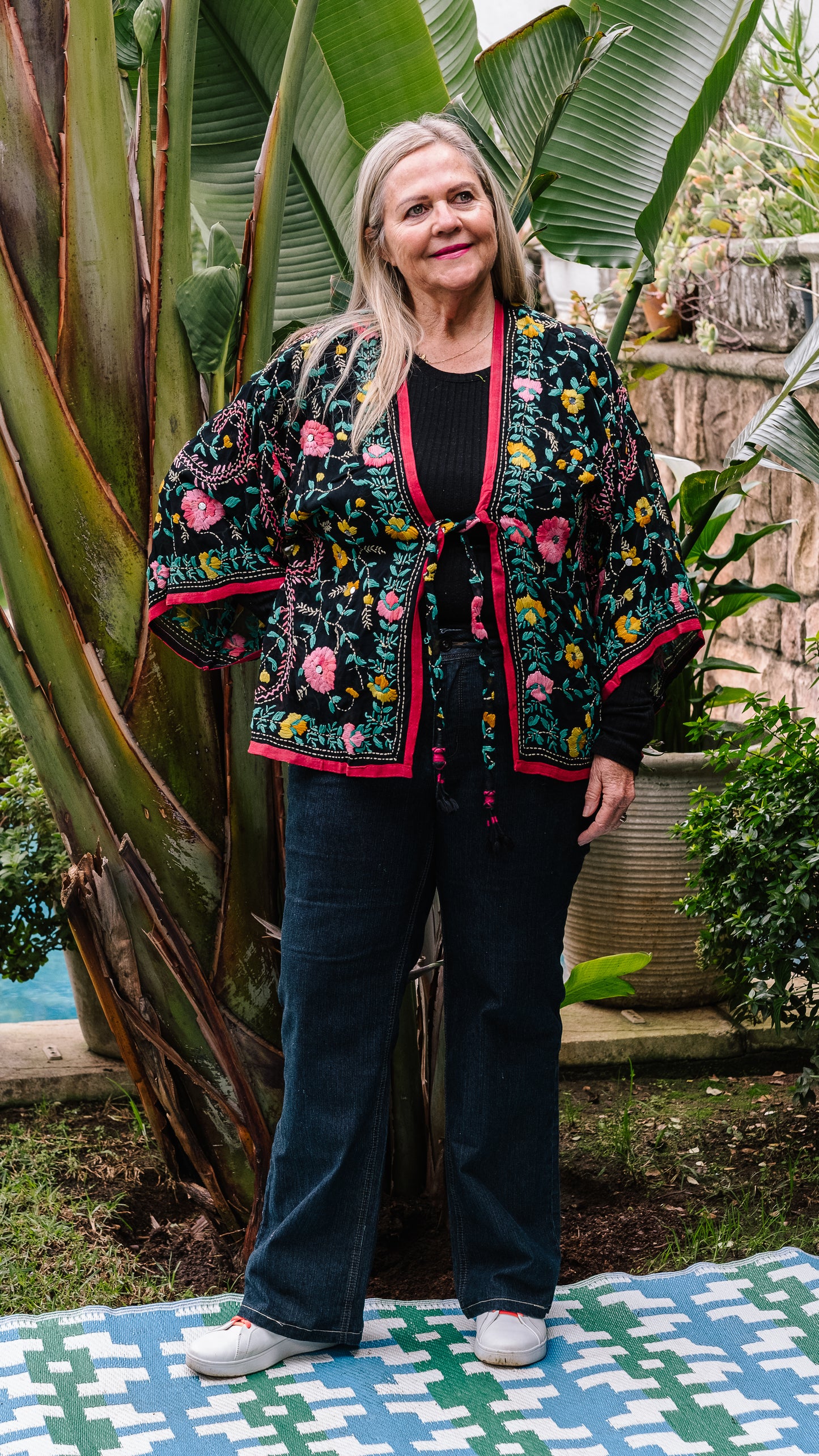 Phulkari Jackets Number 5 - Black with Coral Trim, Pink & Teal Embroidered Blooms