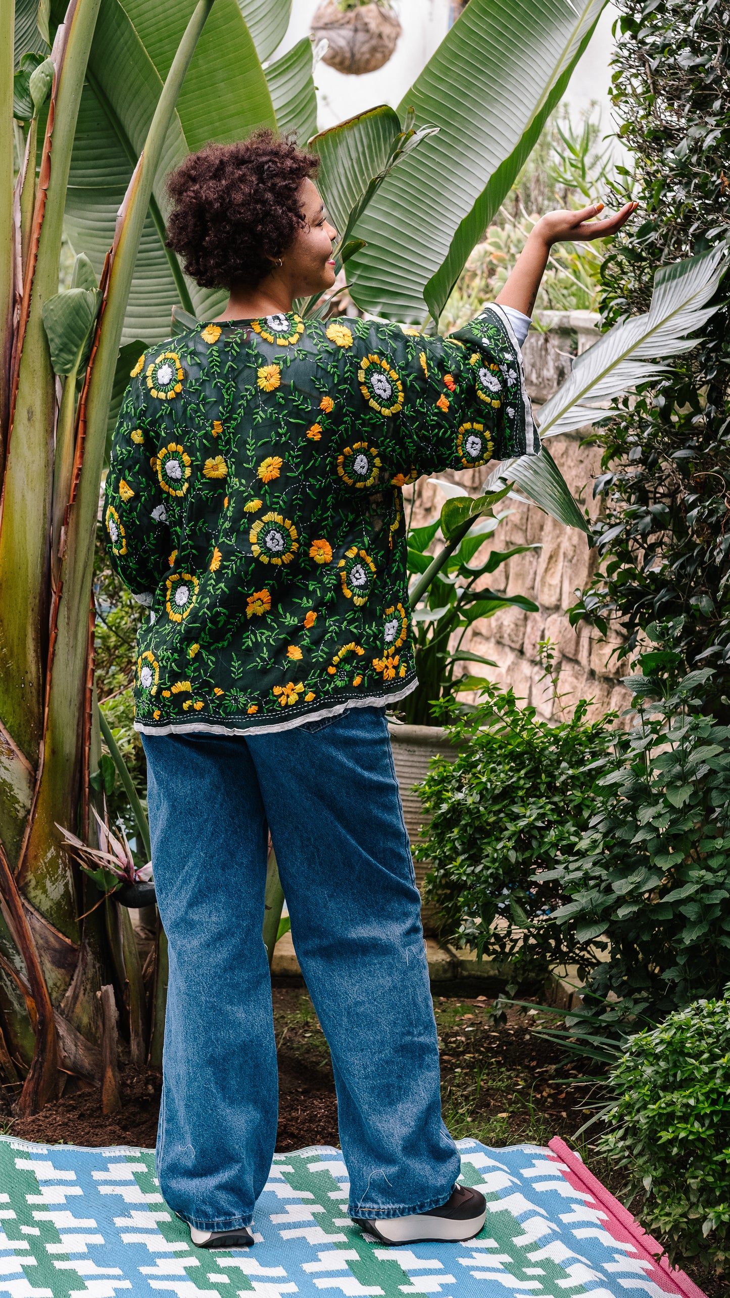 Phulkari Jackets Number 6 - Olive Green with White Trim, Yellow, Orange & Green Embroidered Blooms