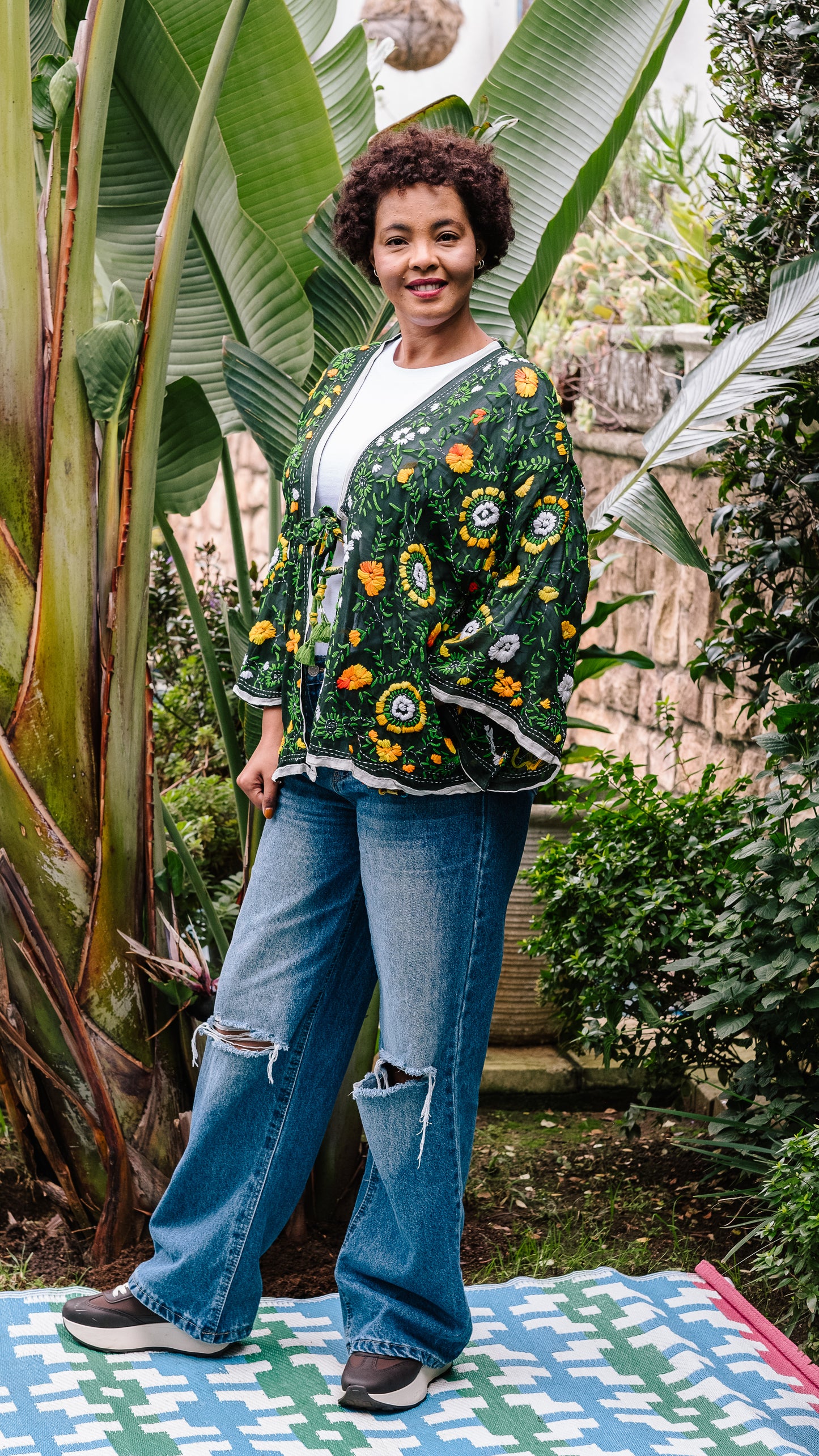 Phulkari Jackets Number 6 - Olive Green with White Trim, Yellow, Orange & Green Embroidered Blooms
