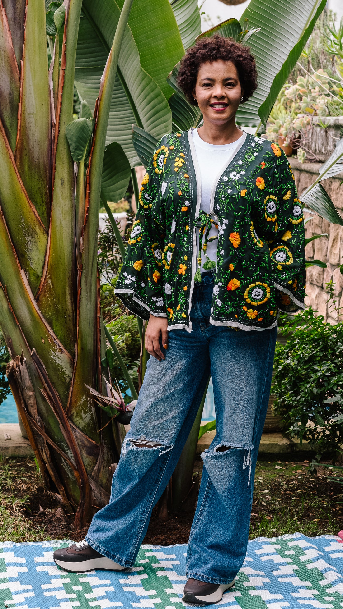 Phulkari Jackets Number 6 - Olive Green with White Trim, Yellow, Orange & Green Embroidered Blooms