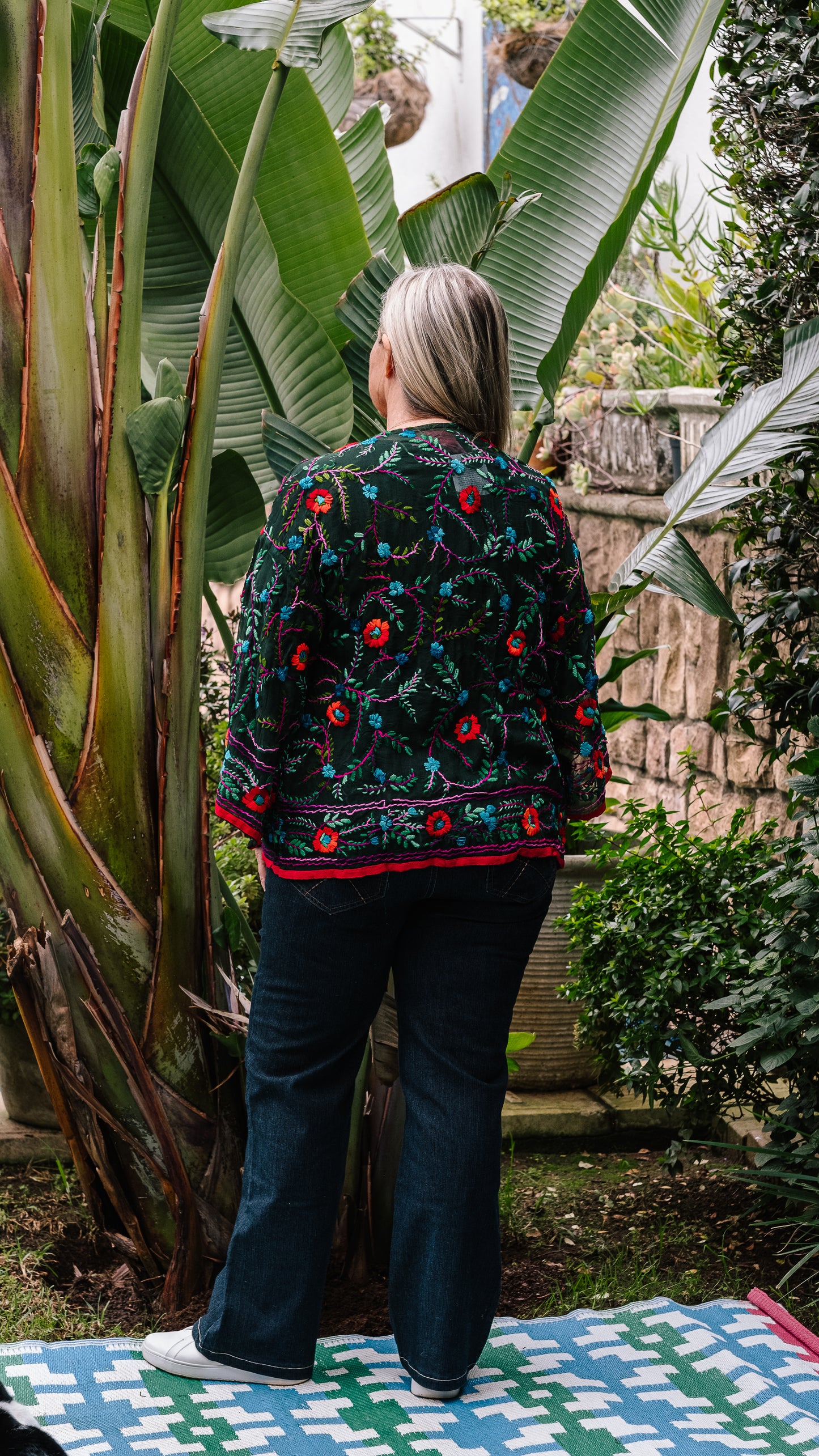 Phulkari Jackets Number 7 - Black with Red Trim, Red, Emerald & Magenta Embroidered Blooms