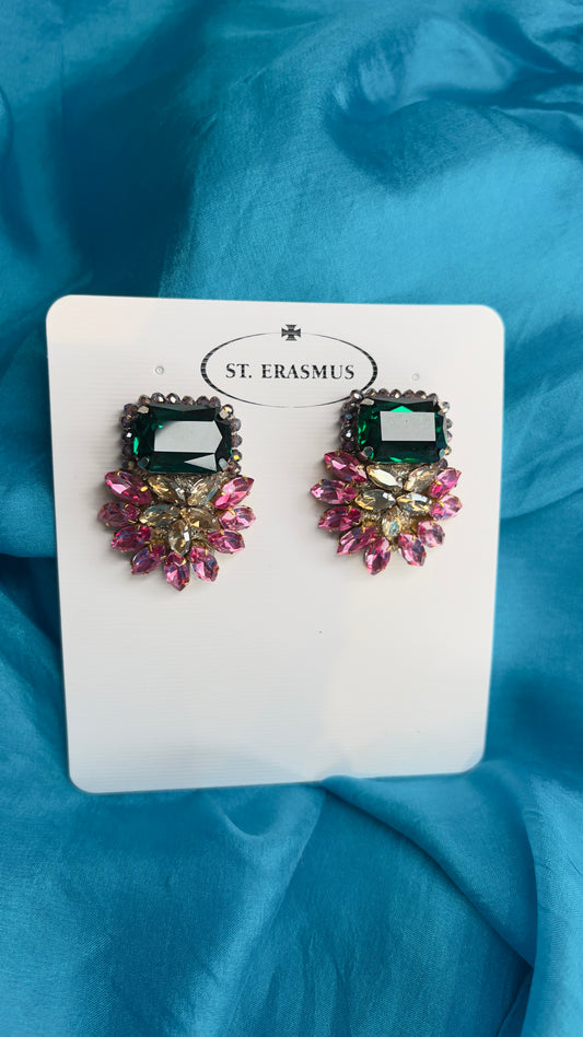 Claire Earrings - Emerald Green & Pink