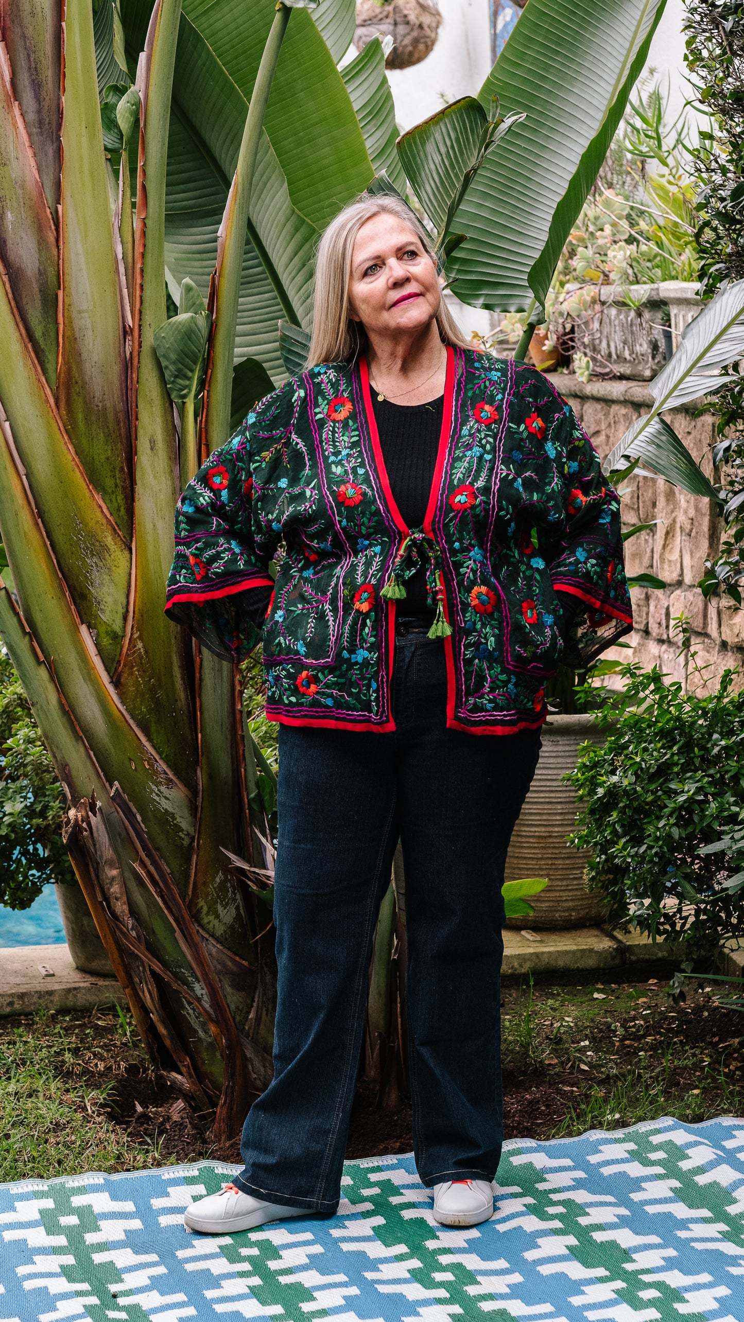 Phulkari Jackets Number 7 - Black with Red Trim, Red, Emerald & Magenta Embroidered Blooms