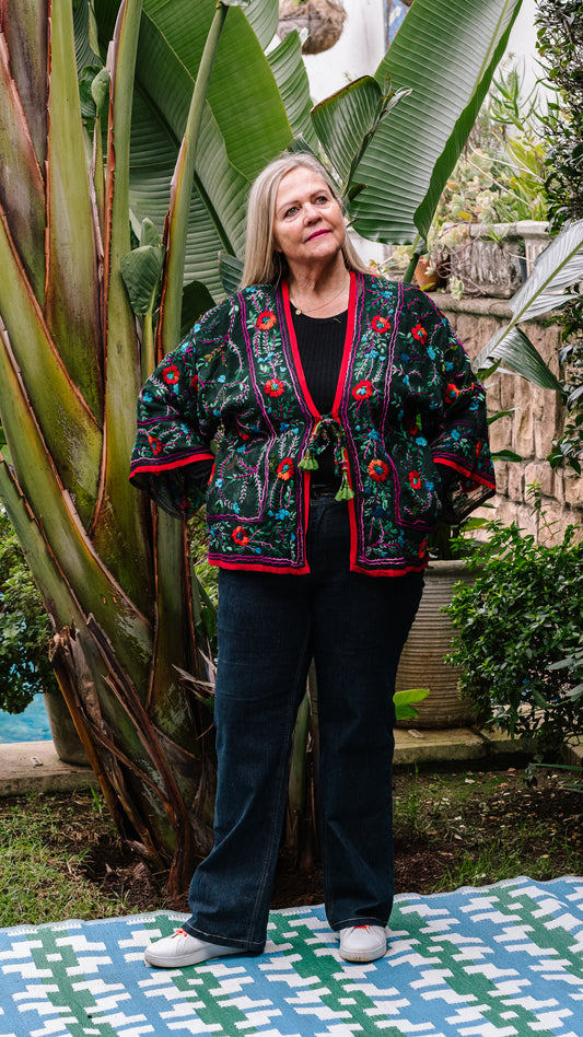 Phulkari Jackets Number 7 - Black with Red Trim, Red, Emerald & Magenta Embroidered Blooms