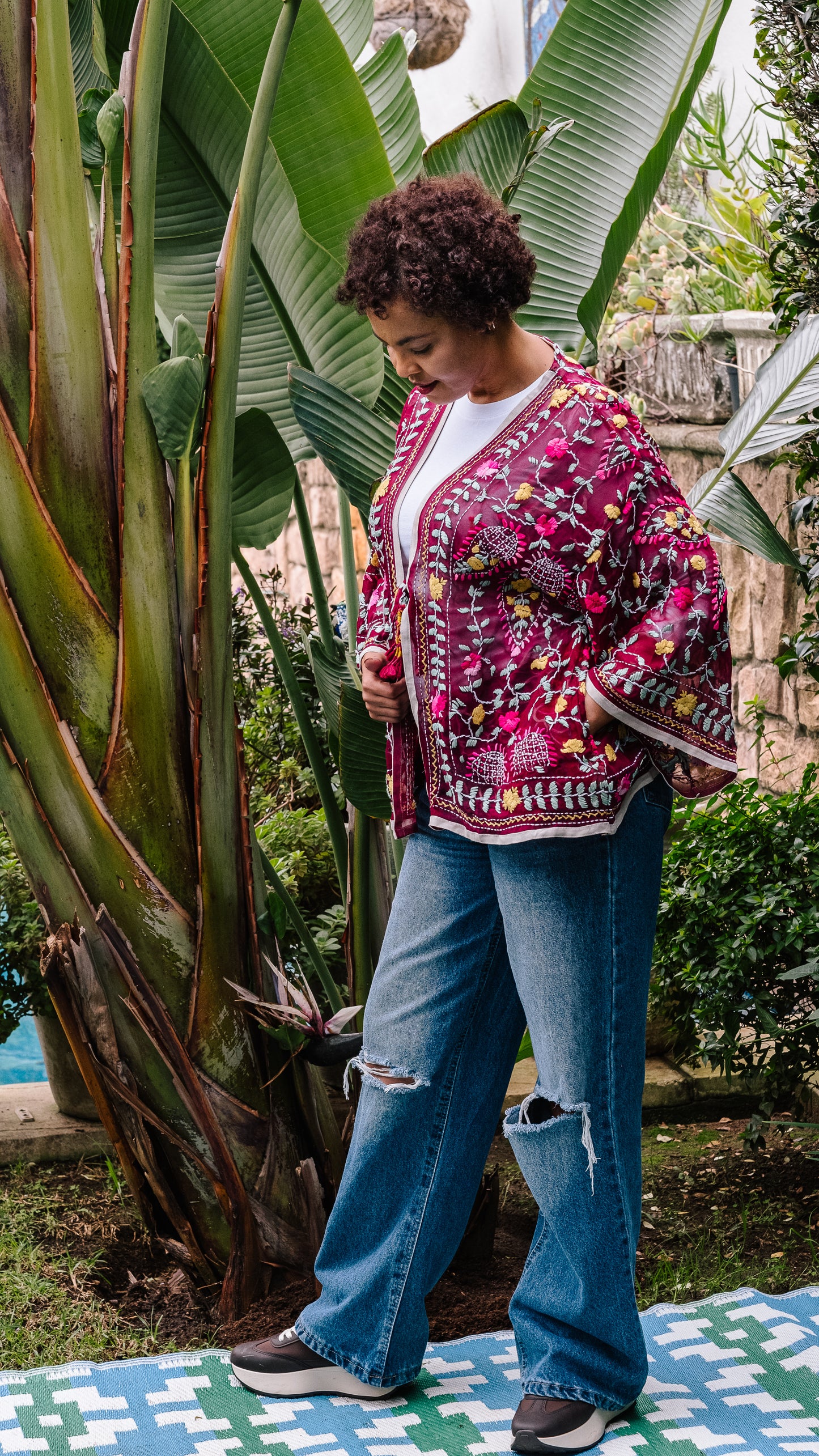 Phulkari Jacket Number 8 - Burgandy with White Trim, Hot Pink & Mustard Yellow Embroidered Blooms